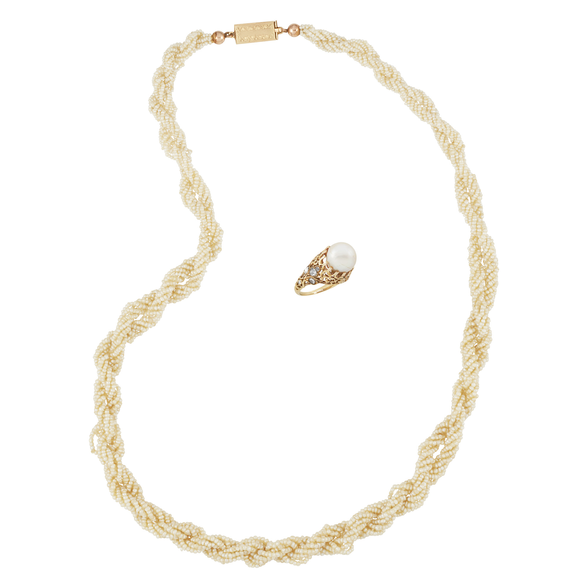 Lot image - Gold, Pearl and Diamond Ring and Seed Pearl Torsade Necklace