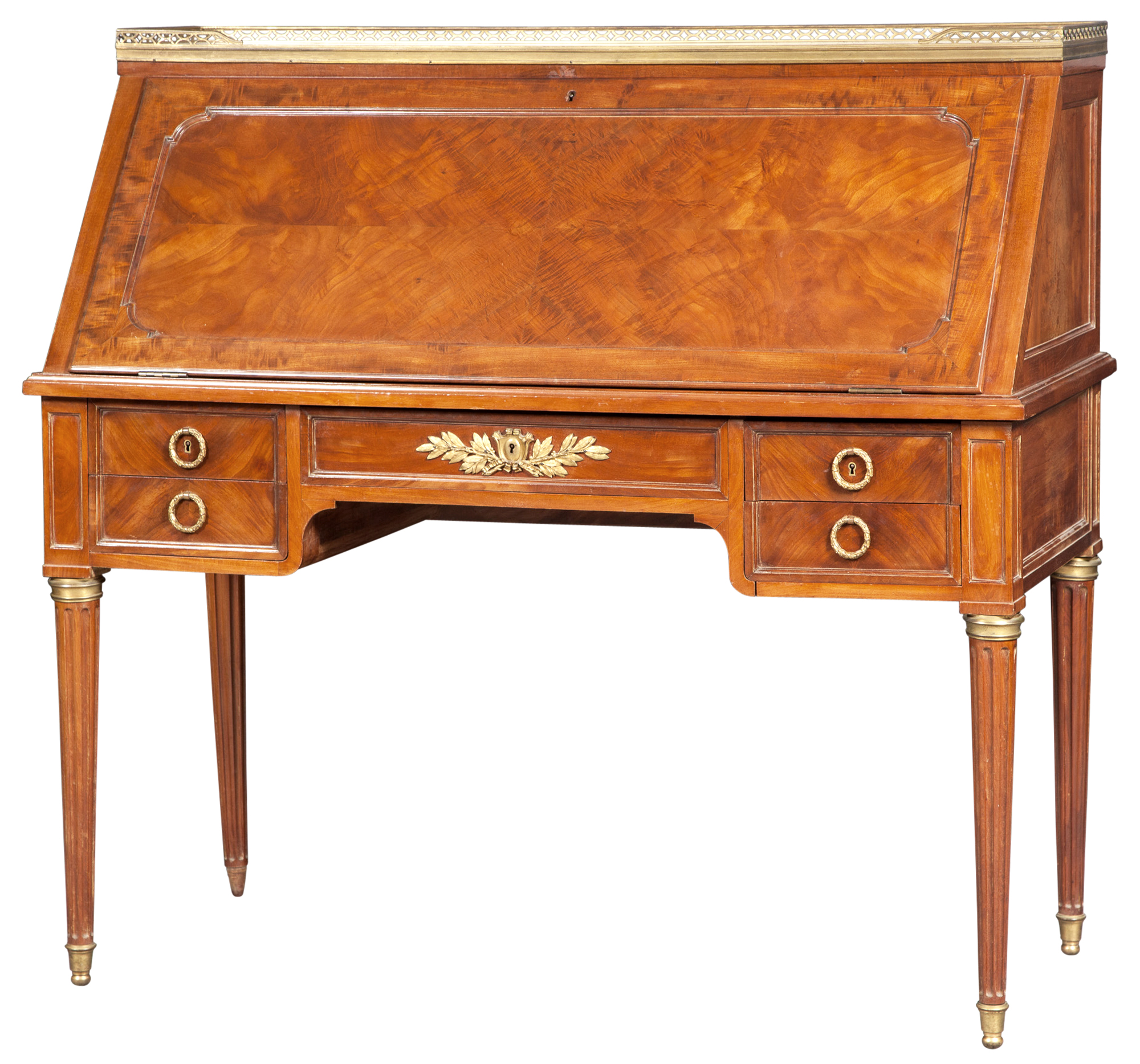 Lot image - Louis XVI Style Brass-Mounted Mahogany Slant-Front Bureau by Paul Sormani