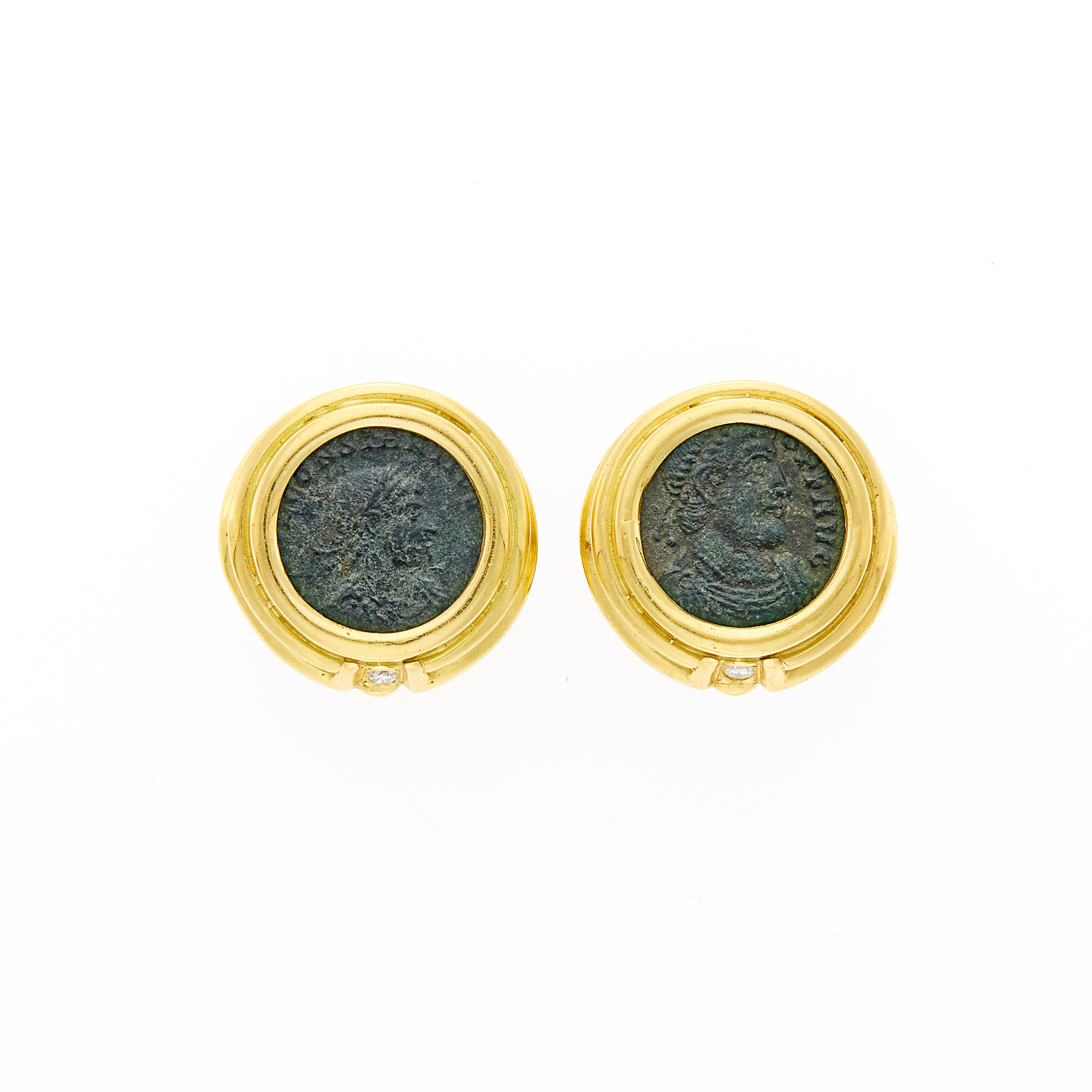 Lot image - Pair of Gold, Bronze Coin and Diamond Earrings