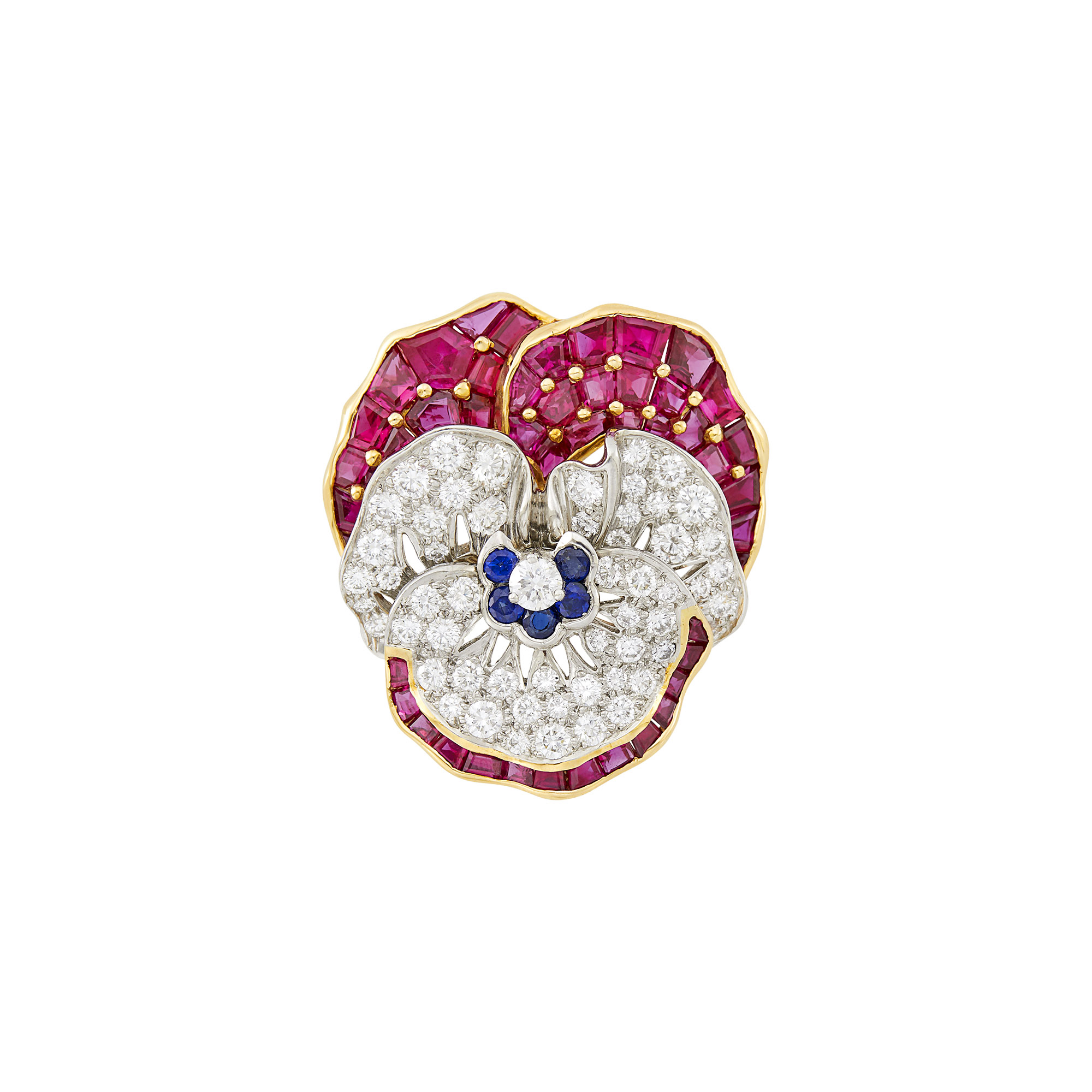 Lot image - Oscar Heyman & Brothers Gold, Platinum, Diamond, Ruby and Sapphire Pansy Brooch