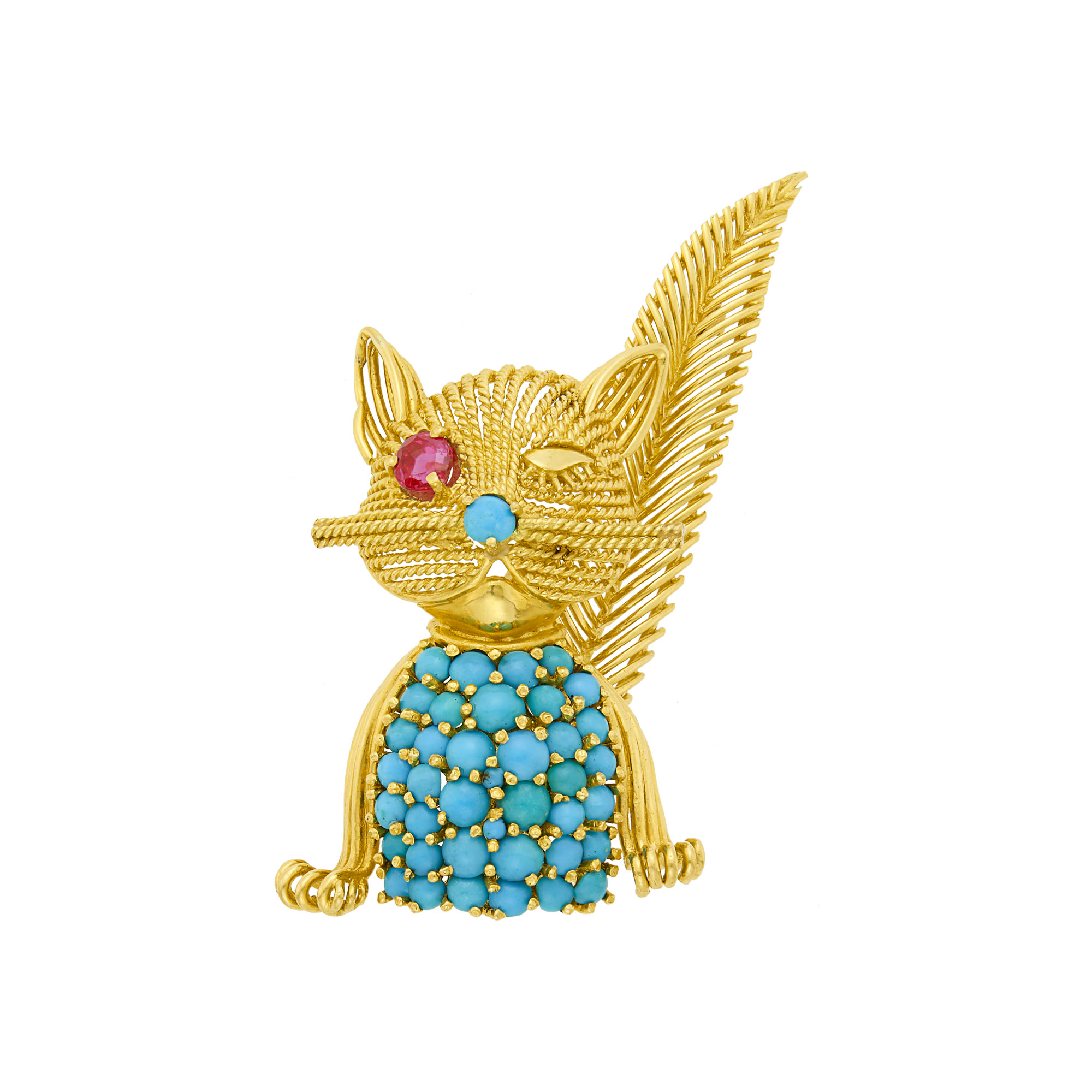 Lot image - Tiffany & Co. Gold, Ruby and Turquoise Winking Cat Brooch