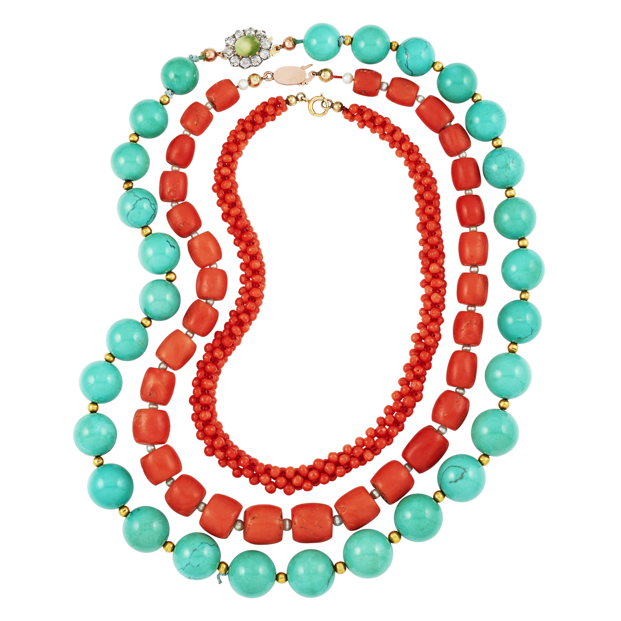 Lot image - Gold, High Karat Gold, Silver, Metal, Turquoise, Coral, Diamond and Gem-Set Bead Necklaces, Bracelet and Charms