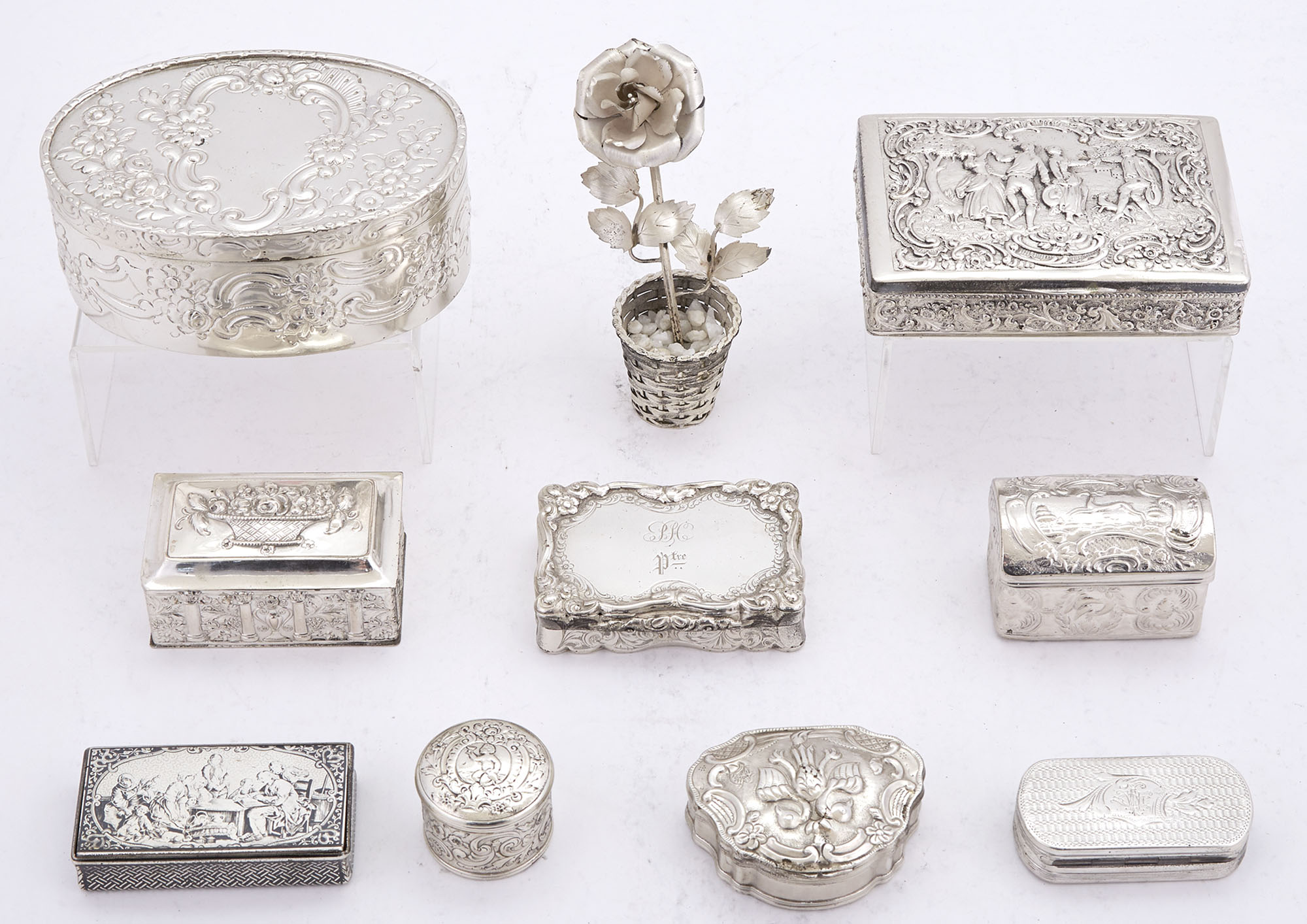 Lot image - Group of Eight English and Continental Silver Boxes and a Miniature Potted Flower