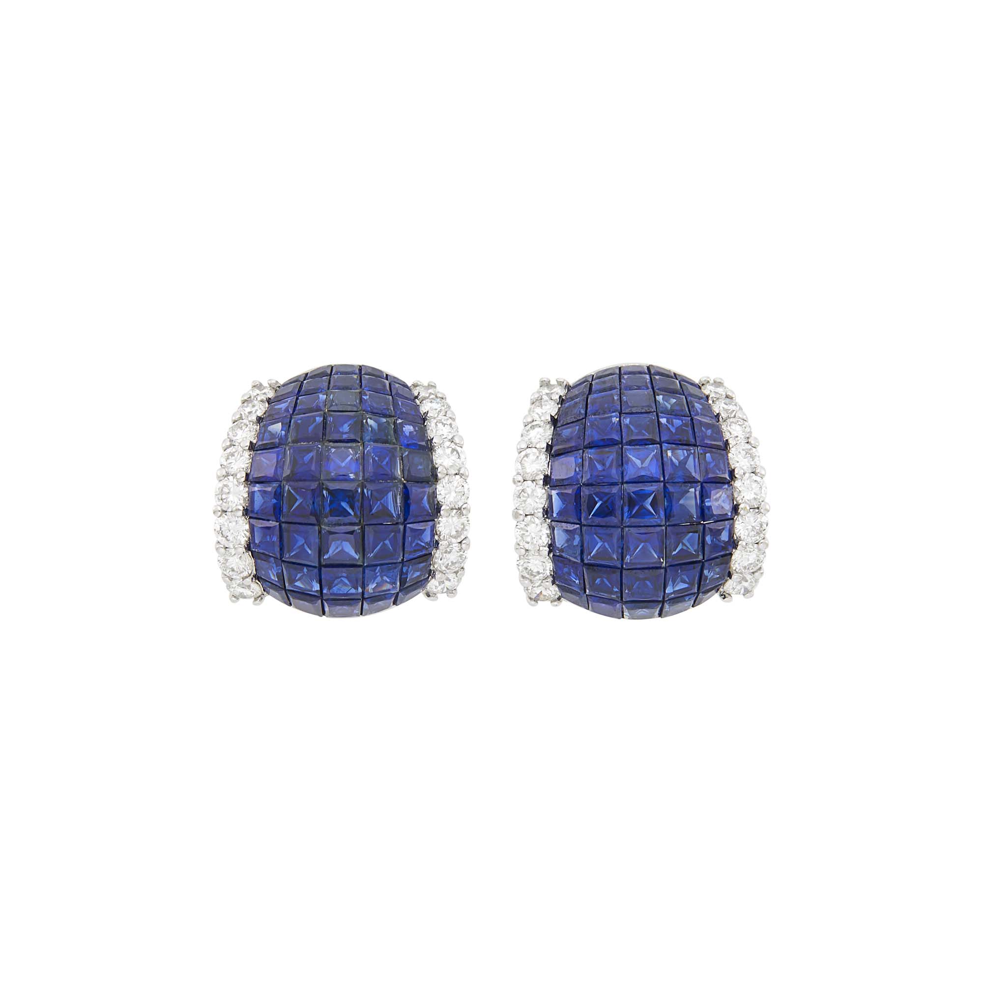 Lot image - Pair of Platinum, Invisibly-Set Sapphire and Diamond Bombé Earclips