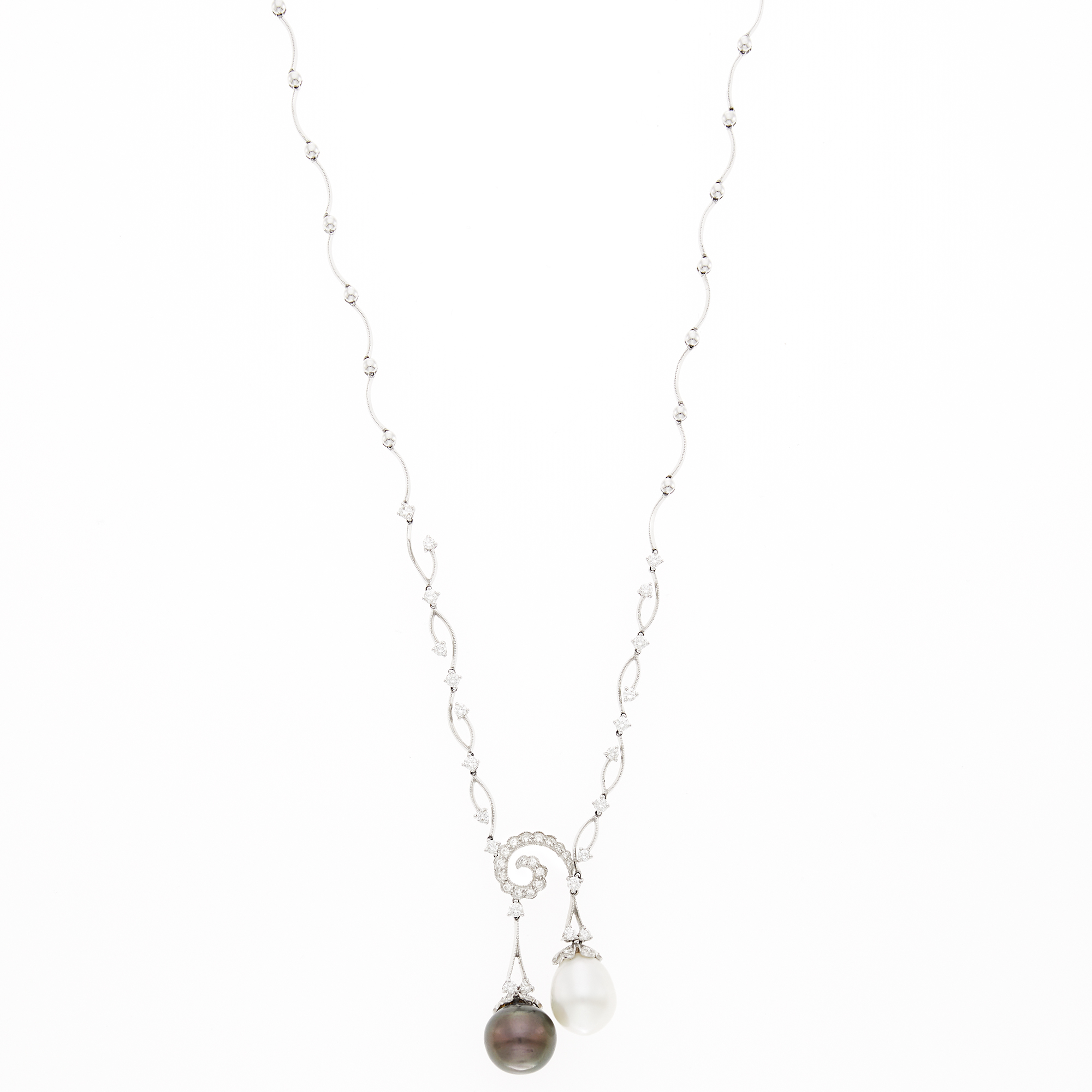 Lot image - White Gold, South Sea and Black Cultured Pearl and Diamond Pendant-Necklace