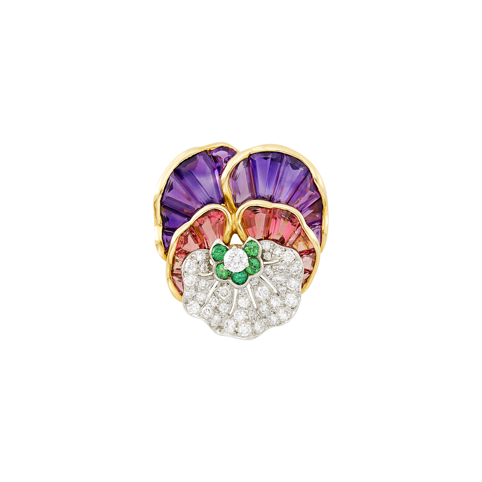 Lot image - Oscar Heyman & Brothers Gold, Platinum, Diamond, Amethyst, Pink Tourmaline and Green Garnet Pansy Brooch