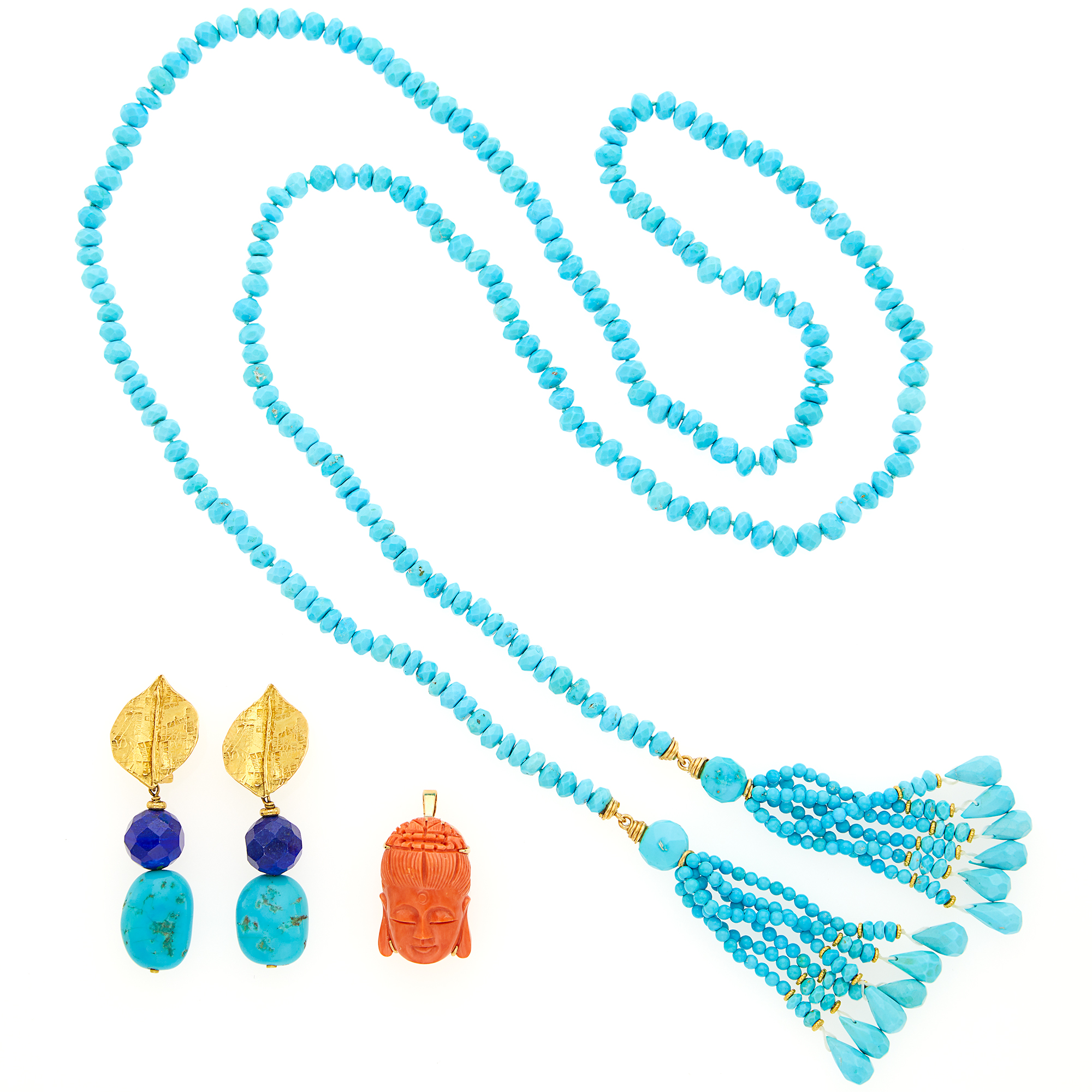 Lot image - Pair of Gold, Lapis and Turquoise Pendant-Earclips, Turquoise Tassle Lariat Necklace and Coral Pendant-Pin