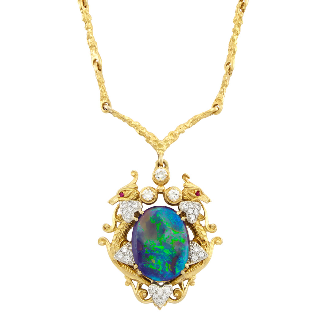 Lot image - Two-Color Gold, Black Opal, Ruby and Diamond Pendant-Necklace