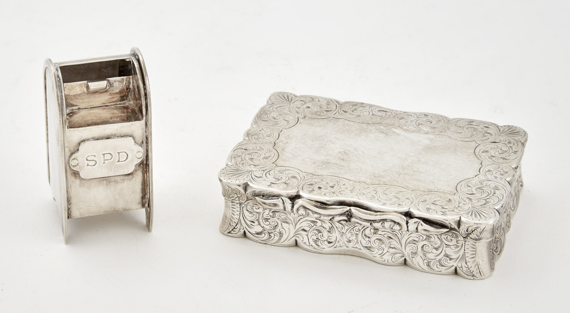 Lot image - Tiffany & Co. Sterling Silver Miniature Mailbox; Together with a Victorian Sterling Silver Covered Box