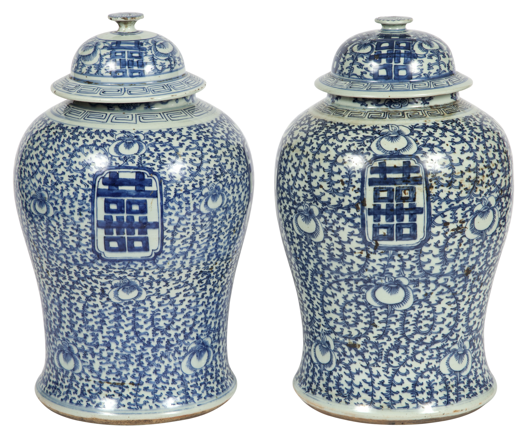 Lot image - Two Chinese Blue and White Porcelain Covered Vases