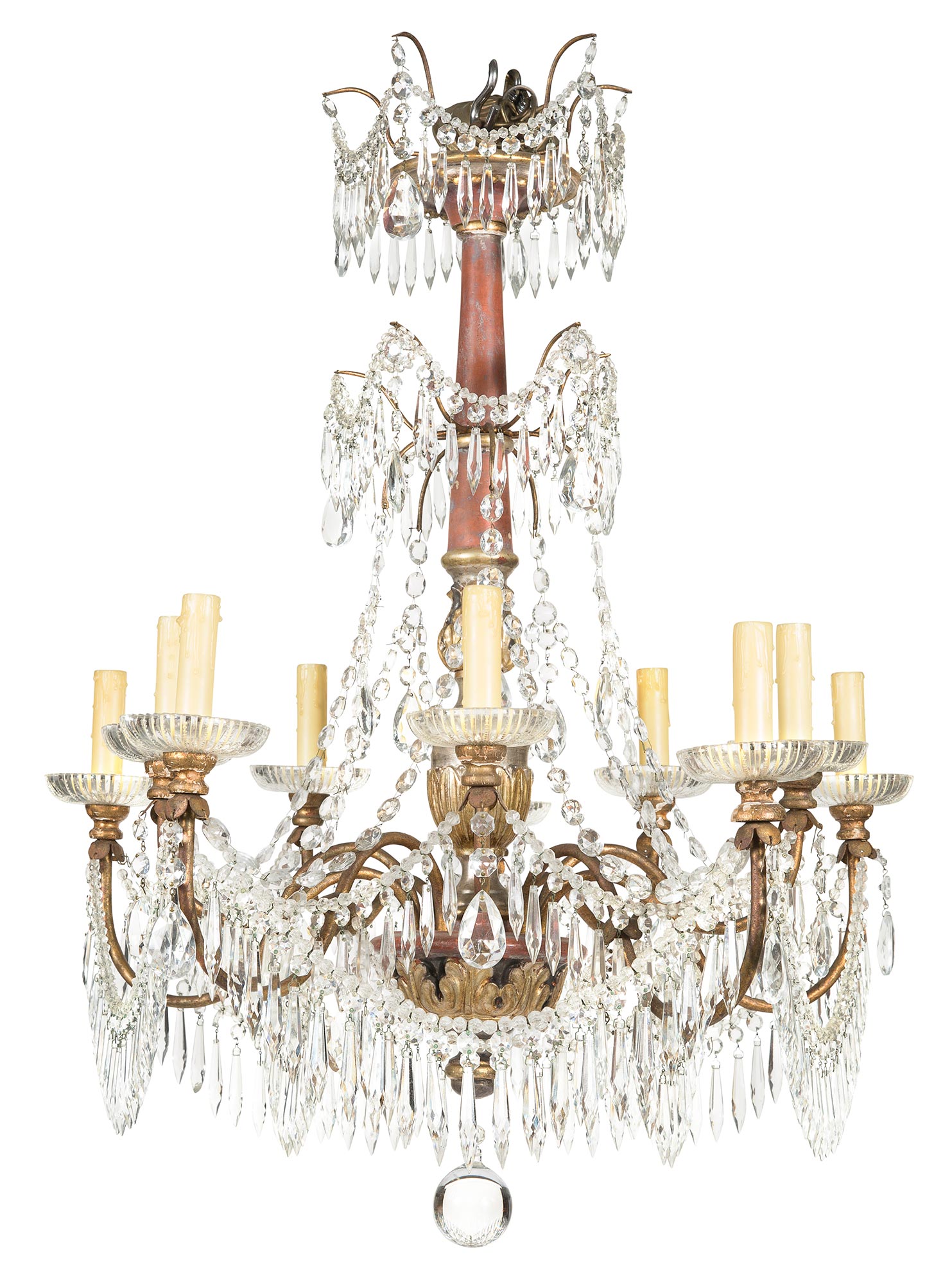 Lot image - Continental Cut-Glass, Giltwood and Part-Painted Ten-Light Chandelier