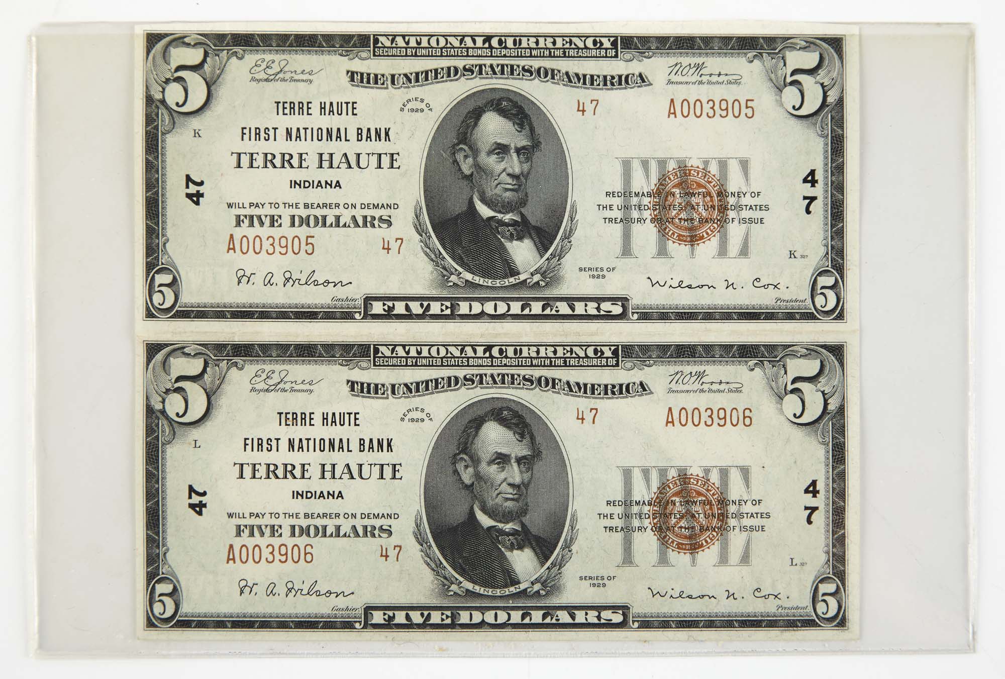 Lot image - United States National Currency 1929 Small $5 Pair Terre Haute Indiana