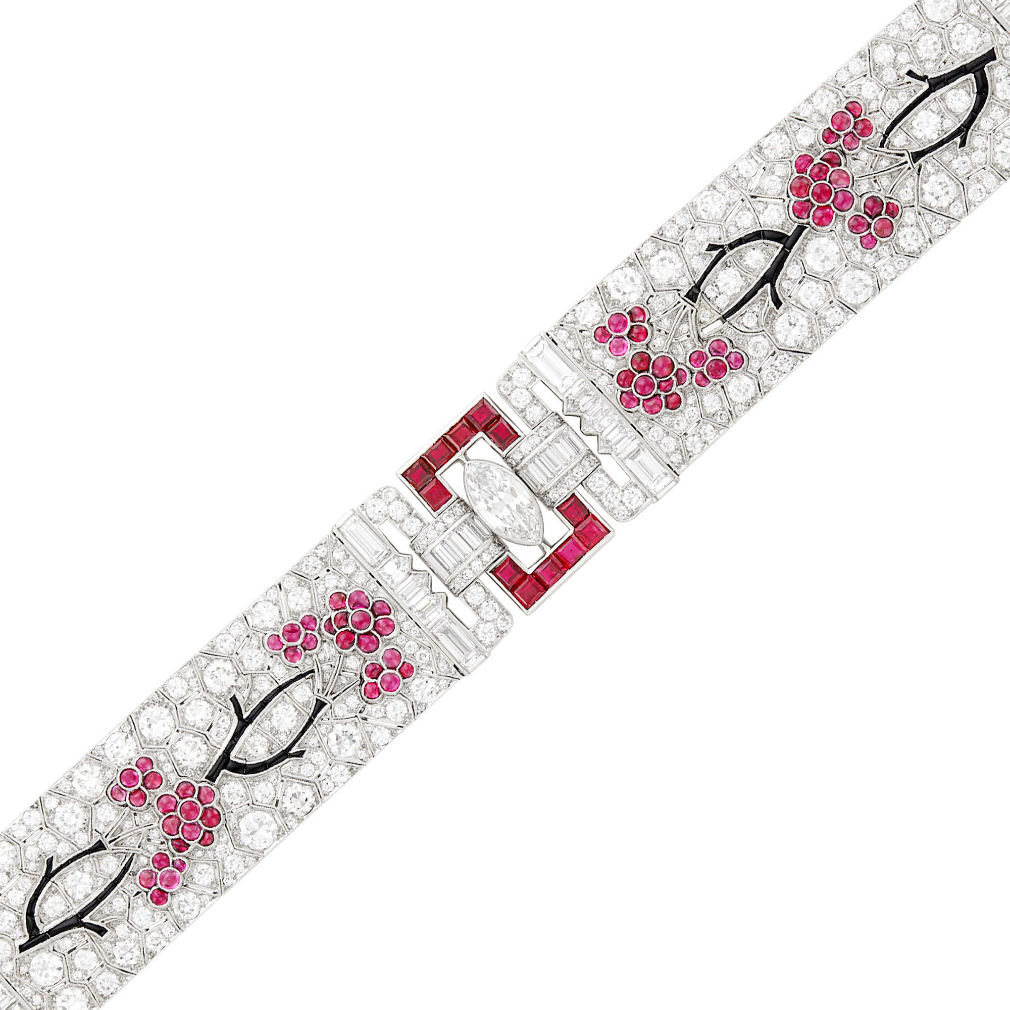 Lot image - Platinum, Diamond and Ruby Cherry Blossom Bracelet