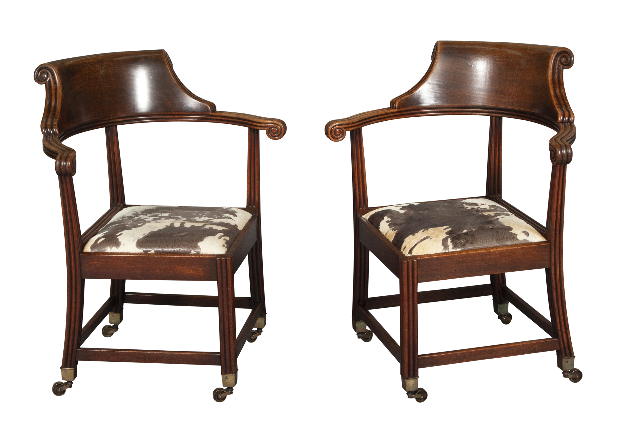 Lot image - Pair of William IV Cowhide Upholstered Mahogany Corner Chairs