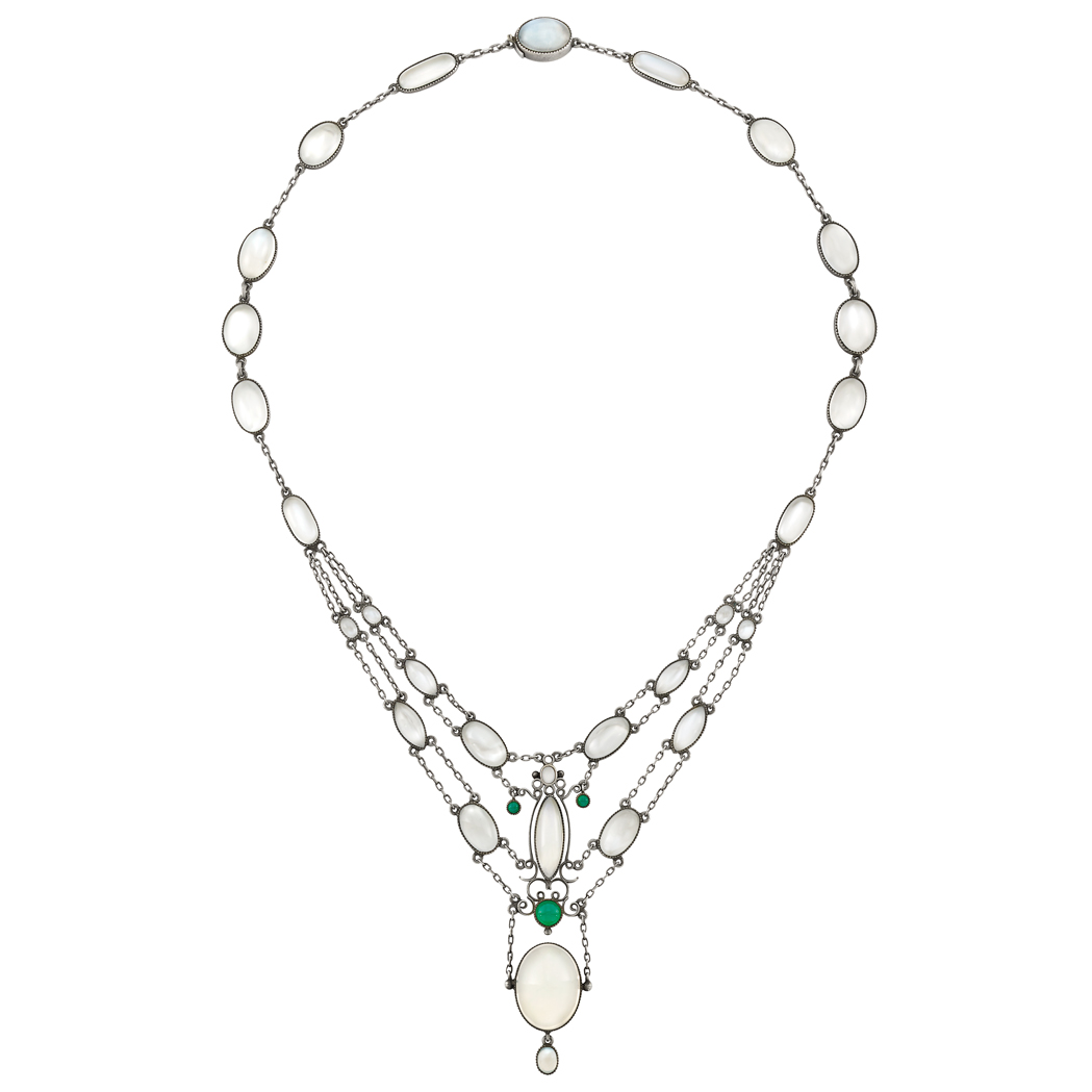Lot image - Antique Silver, Opal, Moonstone and Chrysoprase Necklace