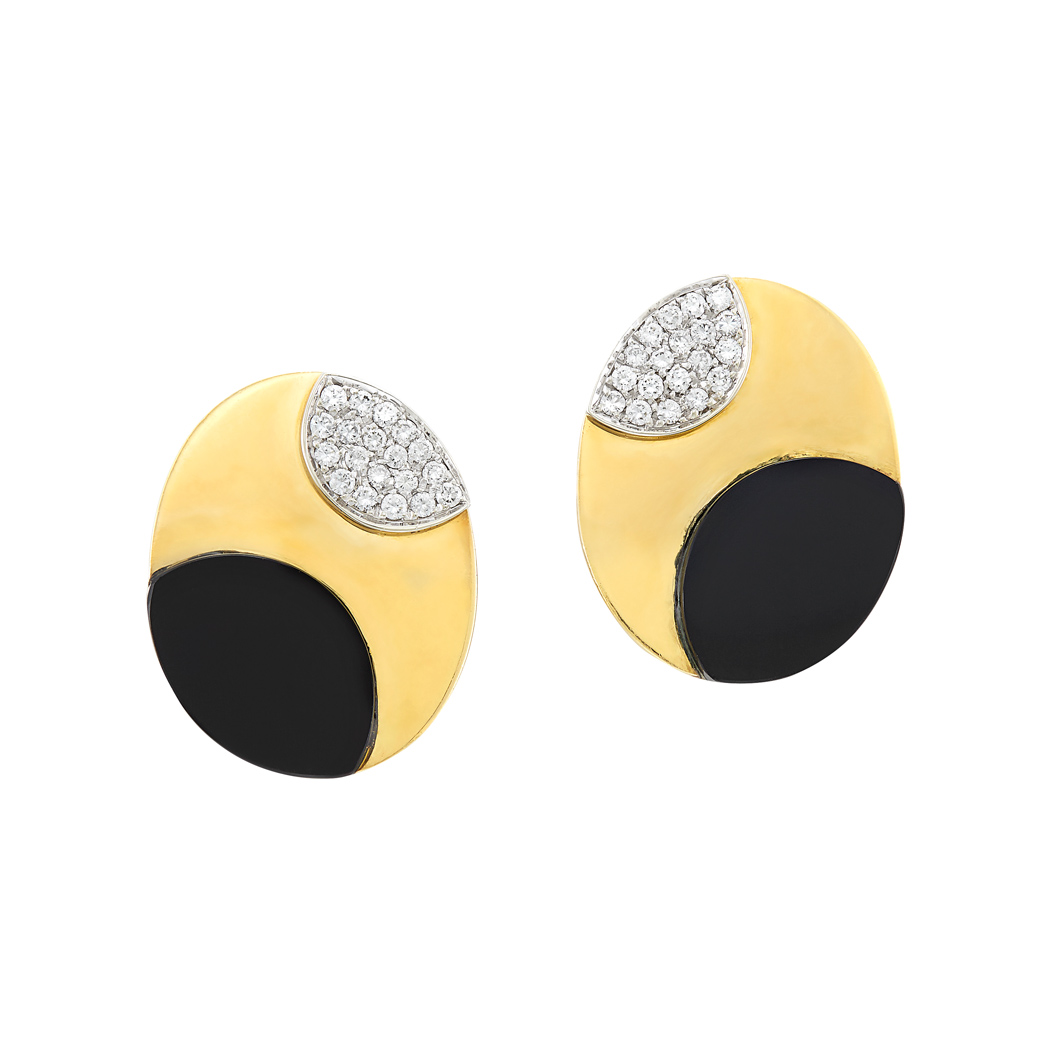 Lot image - Pair of Two-Color Gold, Black Onyx and Diamond Earrings