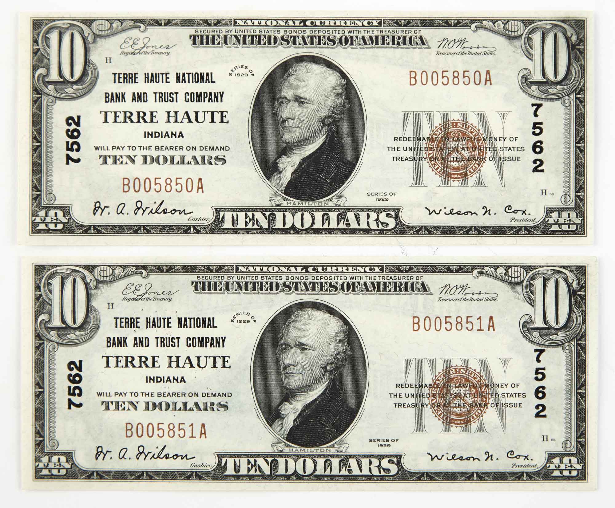 Lot image - United States National Currency 1929 Small $10 Pair Terre Haute Indiana