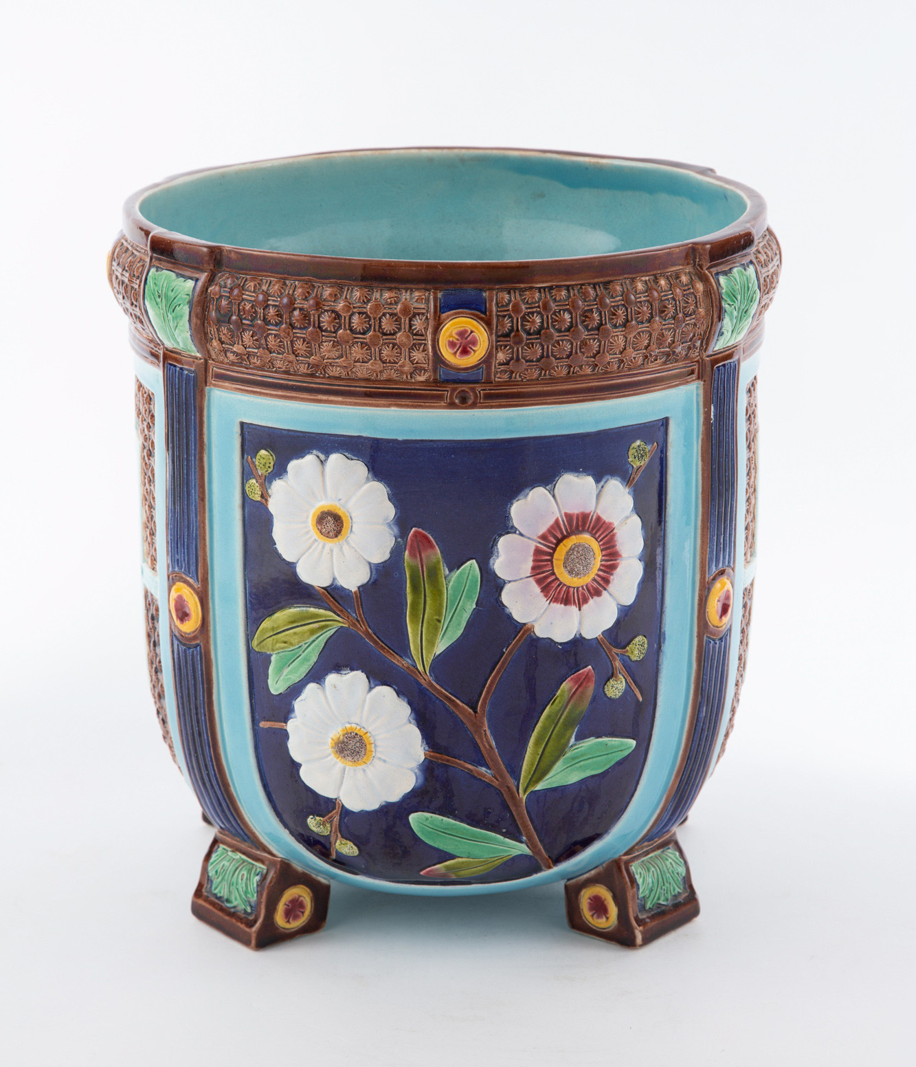 Lot image - Josiah Wedgwood & Sons Majolica Aesthetic Movement Cobalt-Blue and Brown-Ground Garden Pot