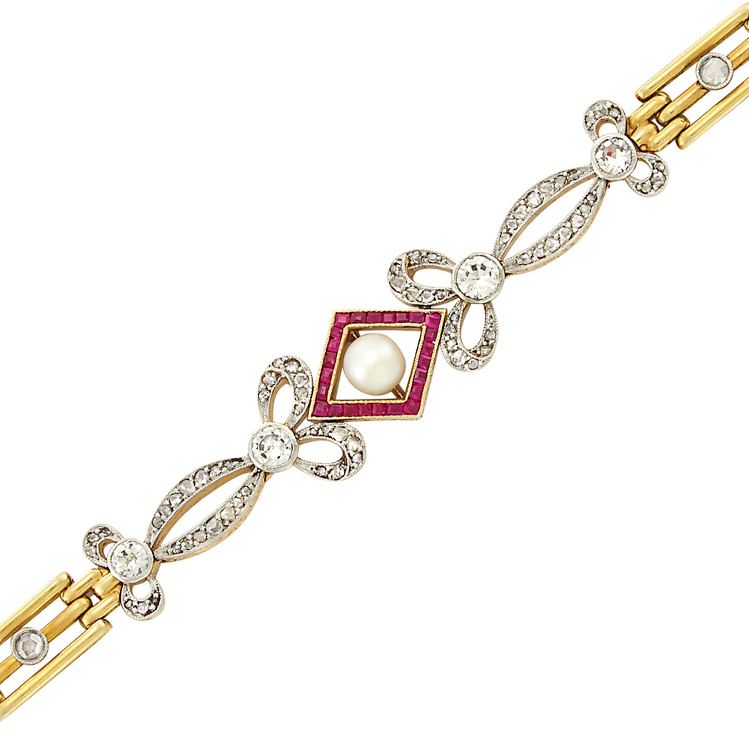 Lot image - Antique Gold, Platinum, Diamond, Ruby and Pearl Bracelet