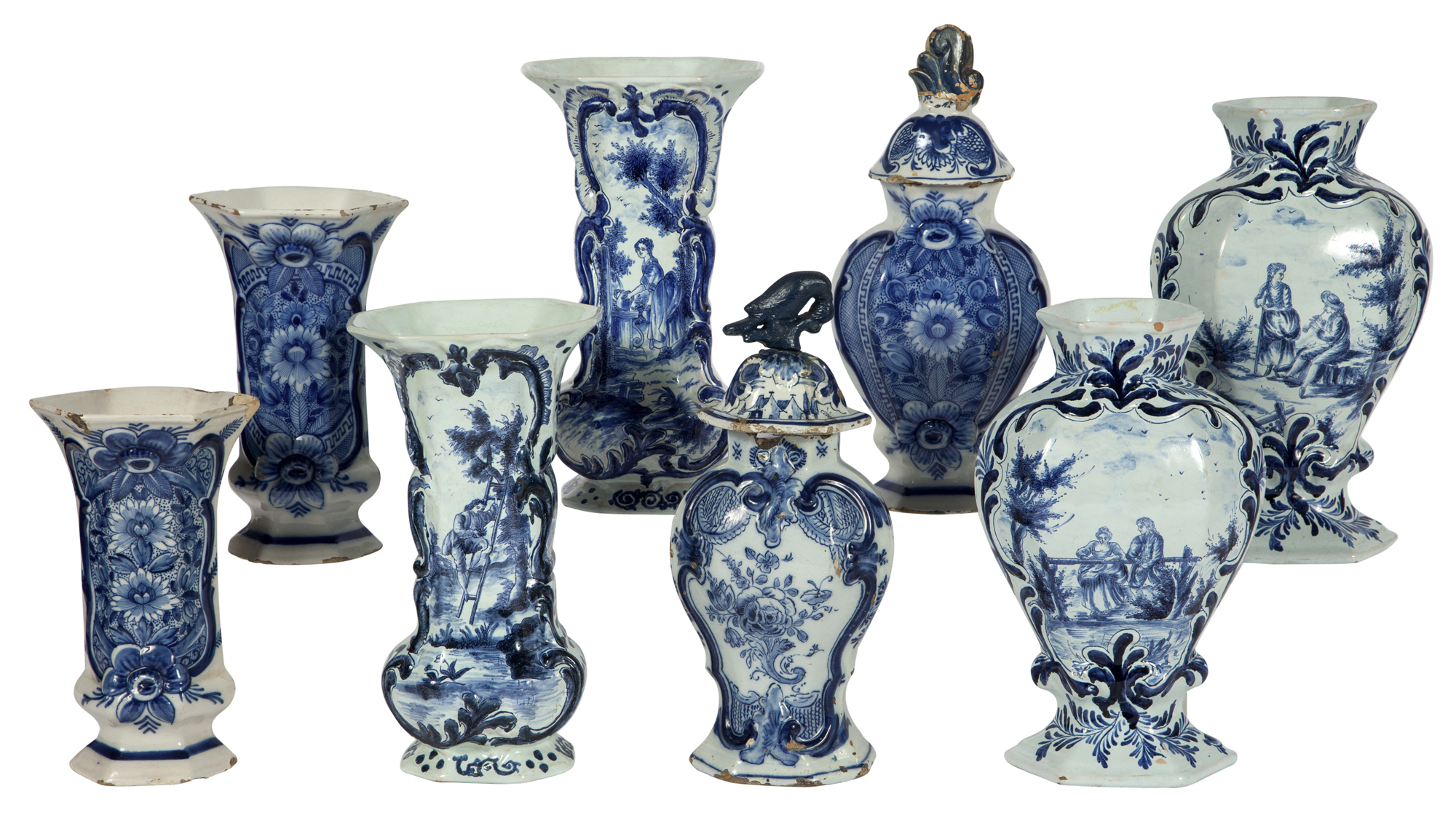 Lot image - Group of Eight Delft Blue and White Vases