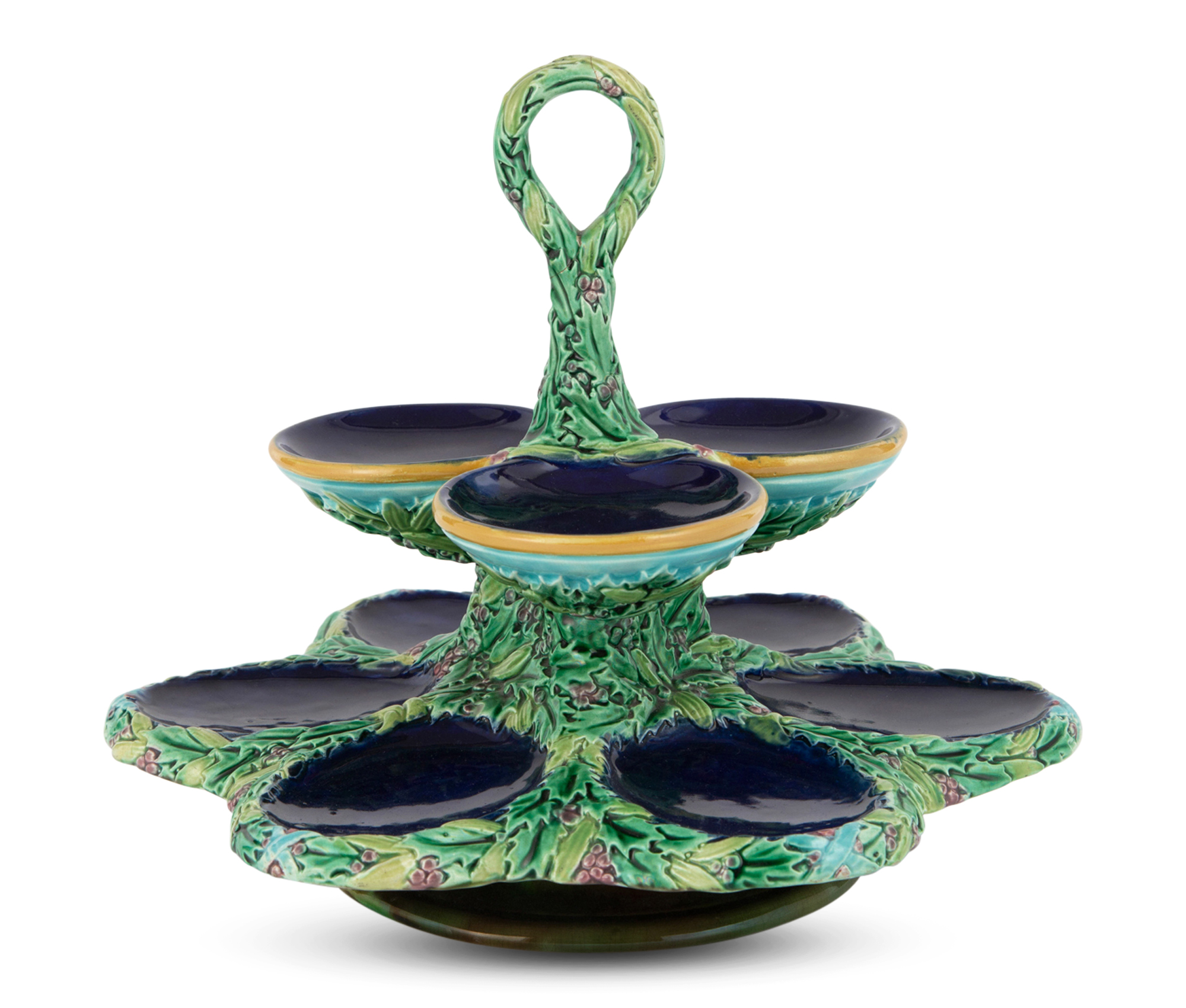 Lot image - George Jones Majolica Two-Tiered Cobalt-Blue Ground Oyster Stand