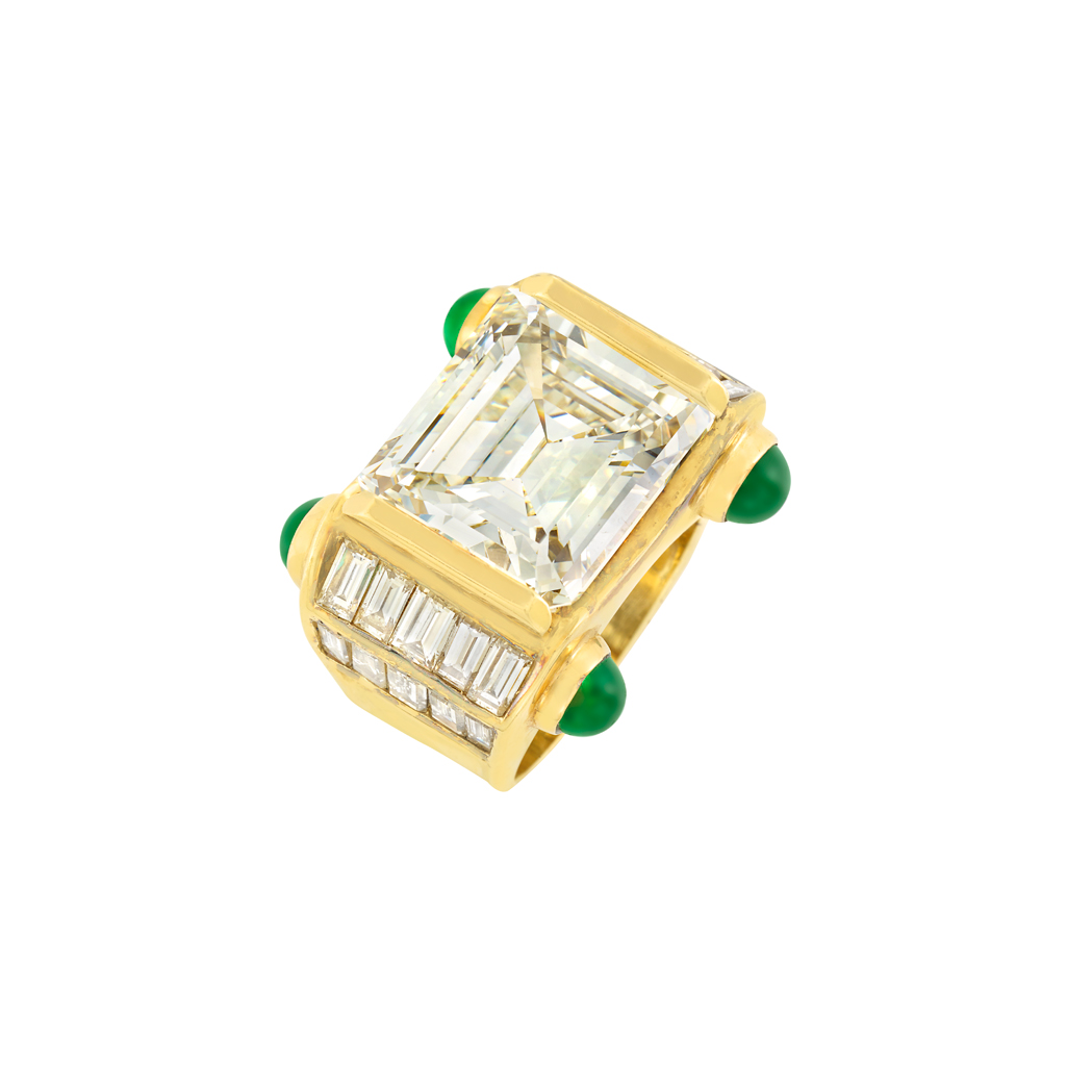 Lot image - Gold, Diamond and Cabochon Emerald Ring