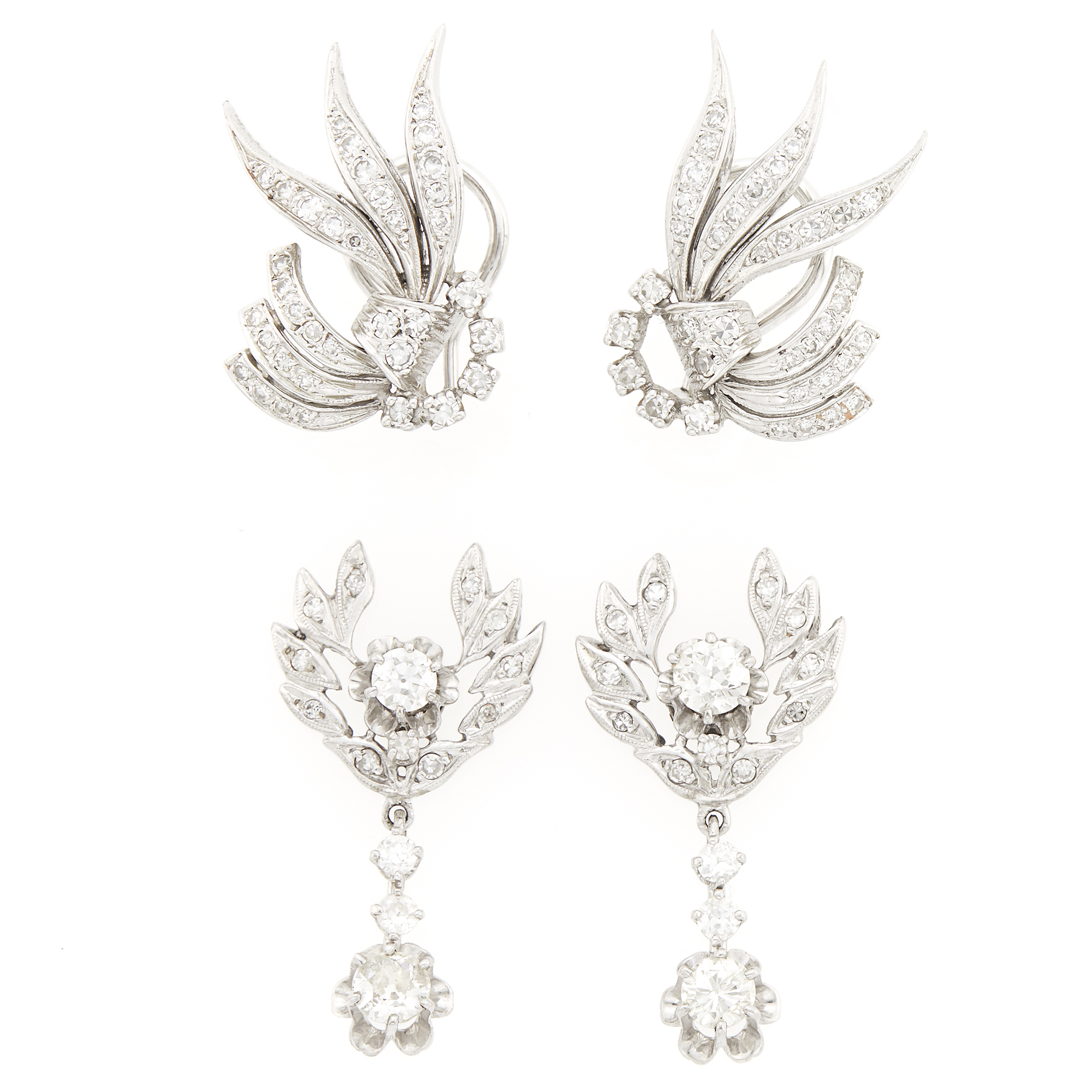 Lot image - Two Pairs of White Gold and Diamond Pendant-Earrings