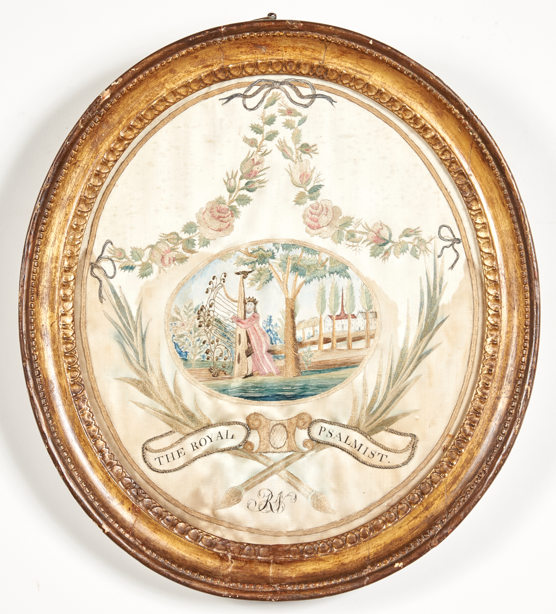 Lot image - Silk Needlework Pictorial Sampler