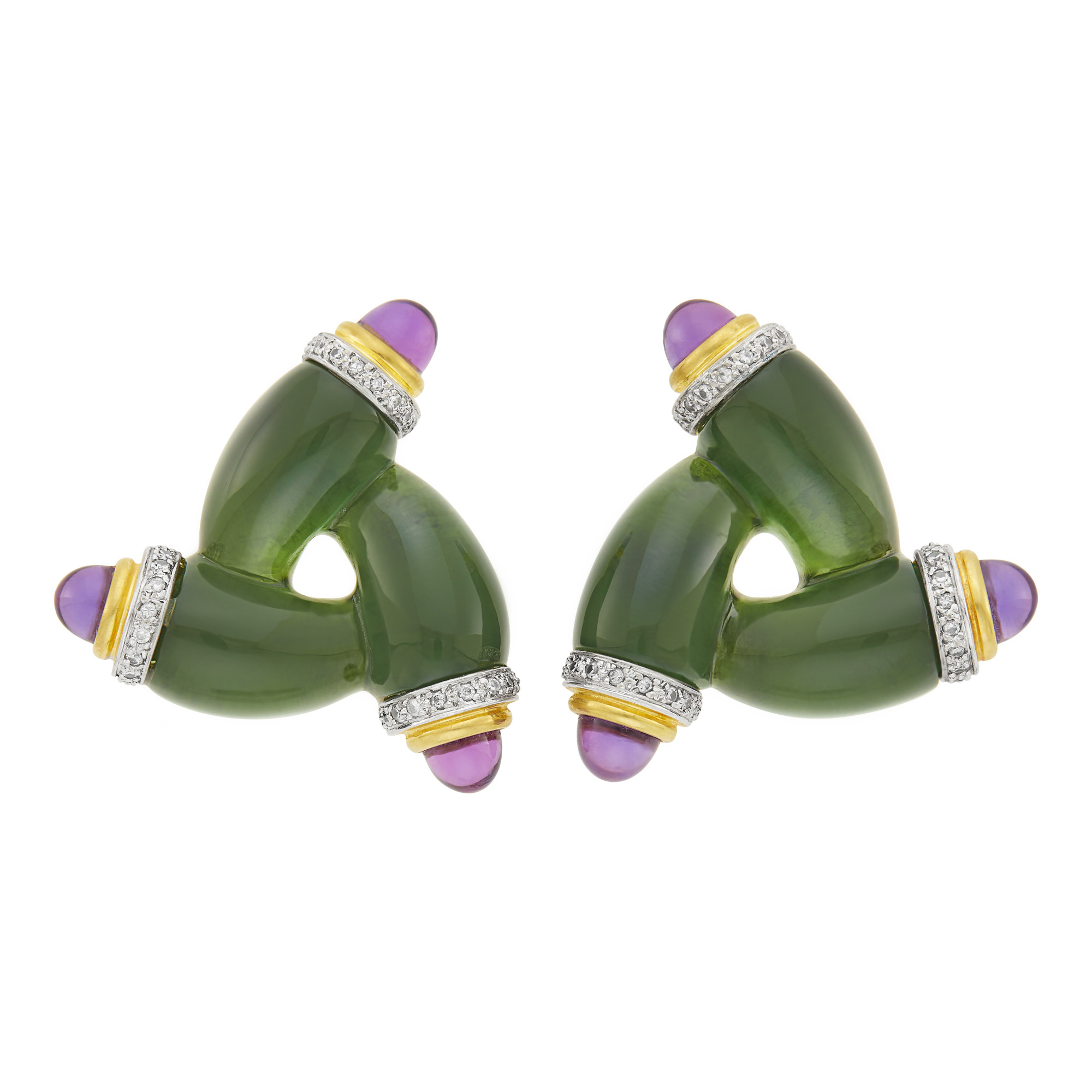 Lot image - Pair of Gold, Cabochon Tourmaline, Amethyst and Diamond Earrings