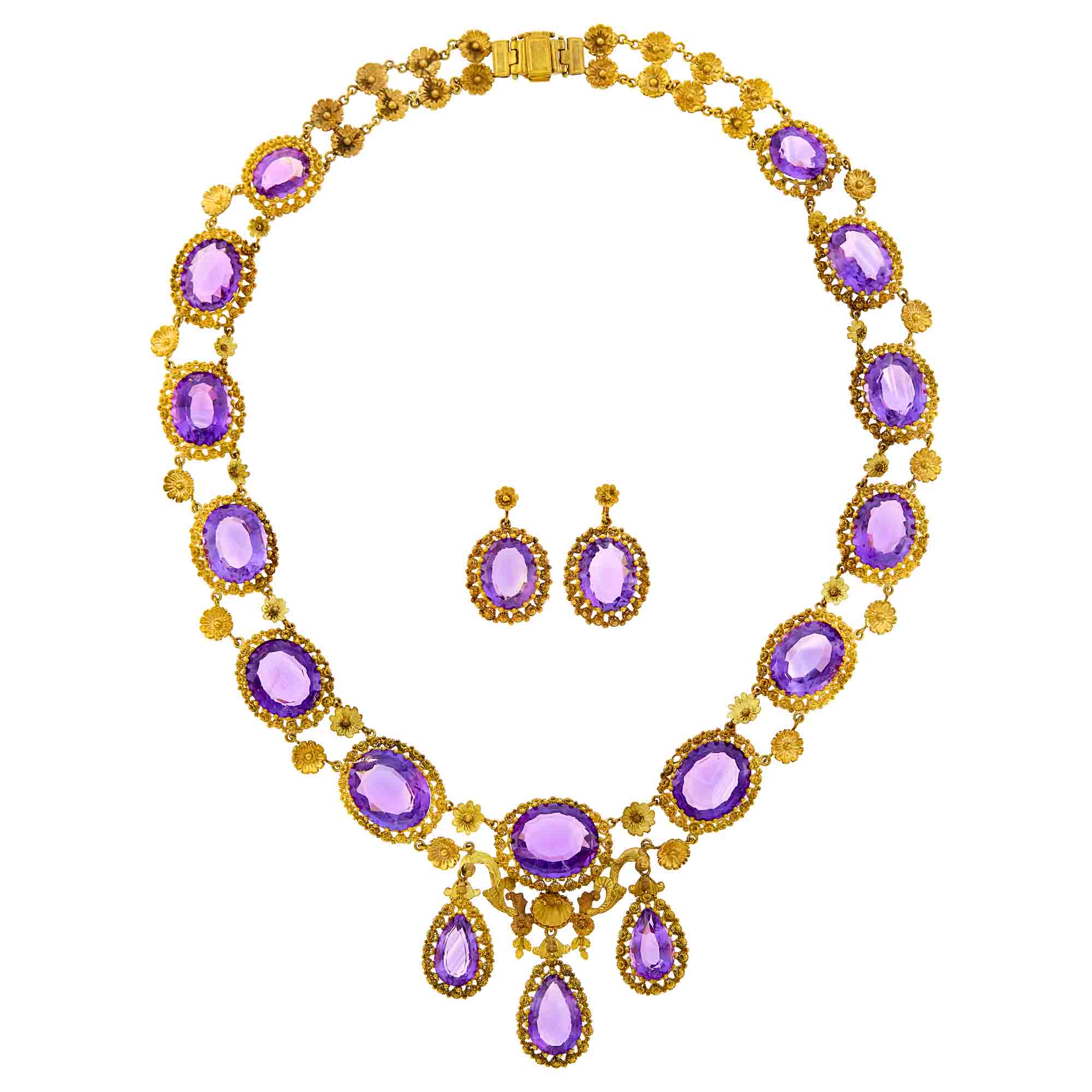 Lot image - Antique Gold and Amethyst Necklace and Pair of Pendant-Earclips