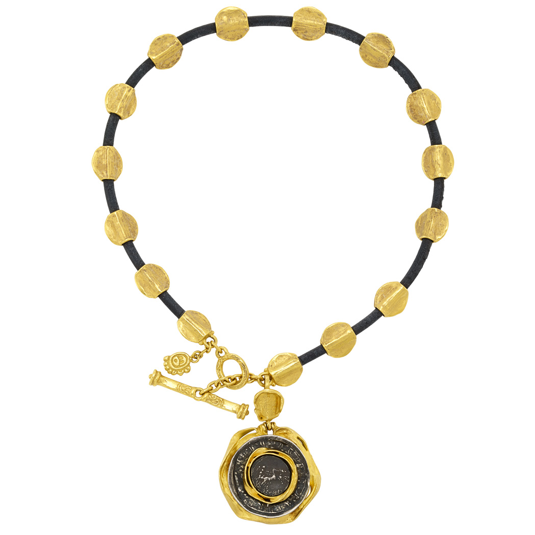 Lot image - High Karat Gold, Sterling Silver and Leather Pendant-Necklace, Denise Roberge