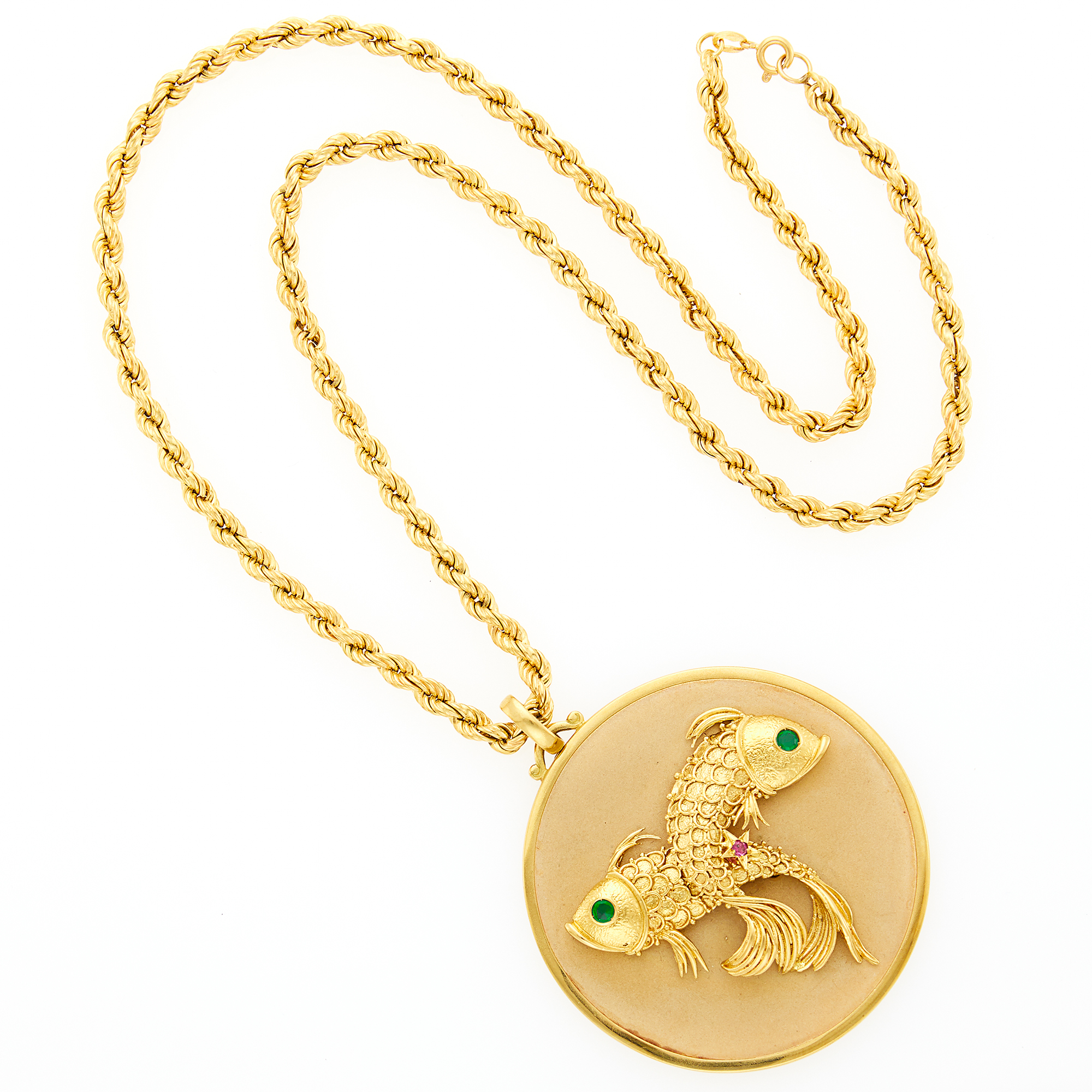 Lot image - Gold, Green Onyx and Ruby Pisces Pendant with Rope-Twist Gold Chain Necklace