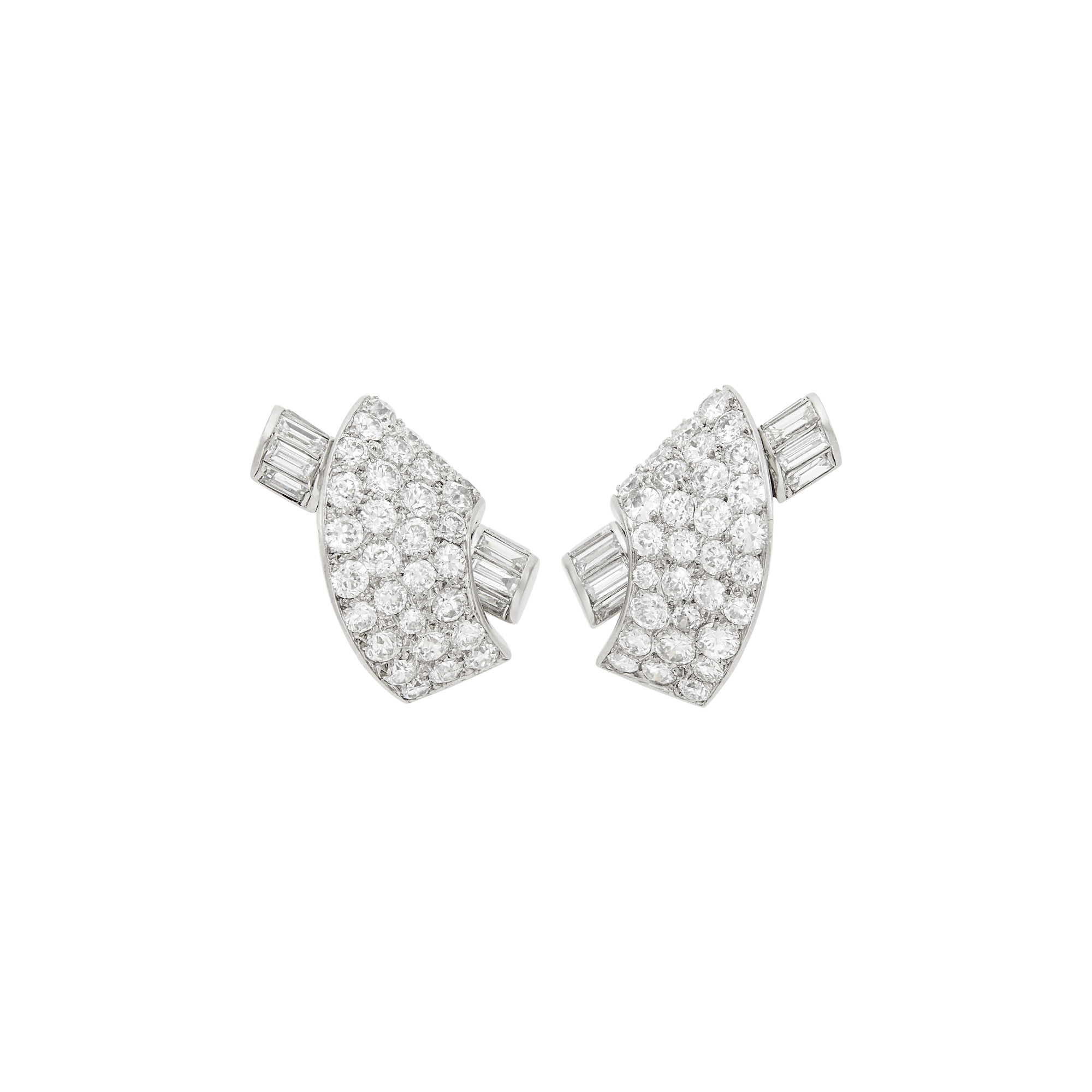 Lot image - Pair of Platinum and Diamond Earclips, France