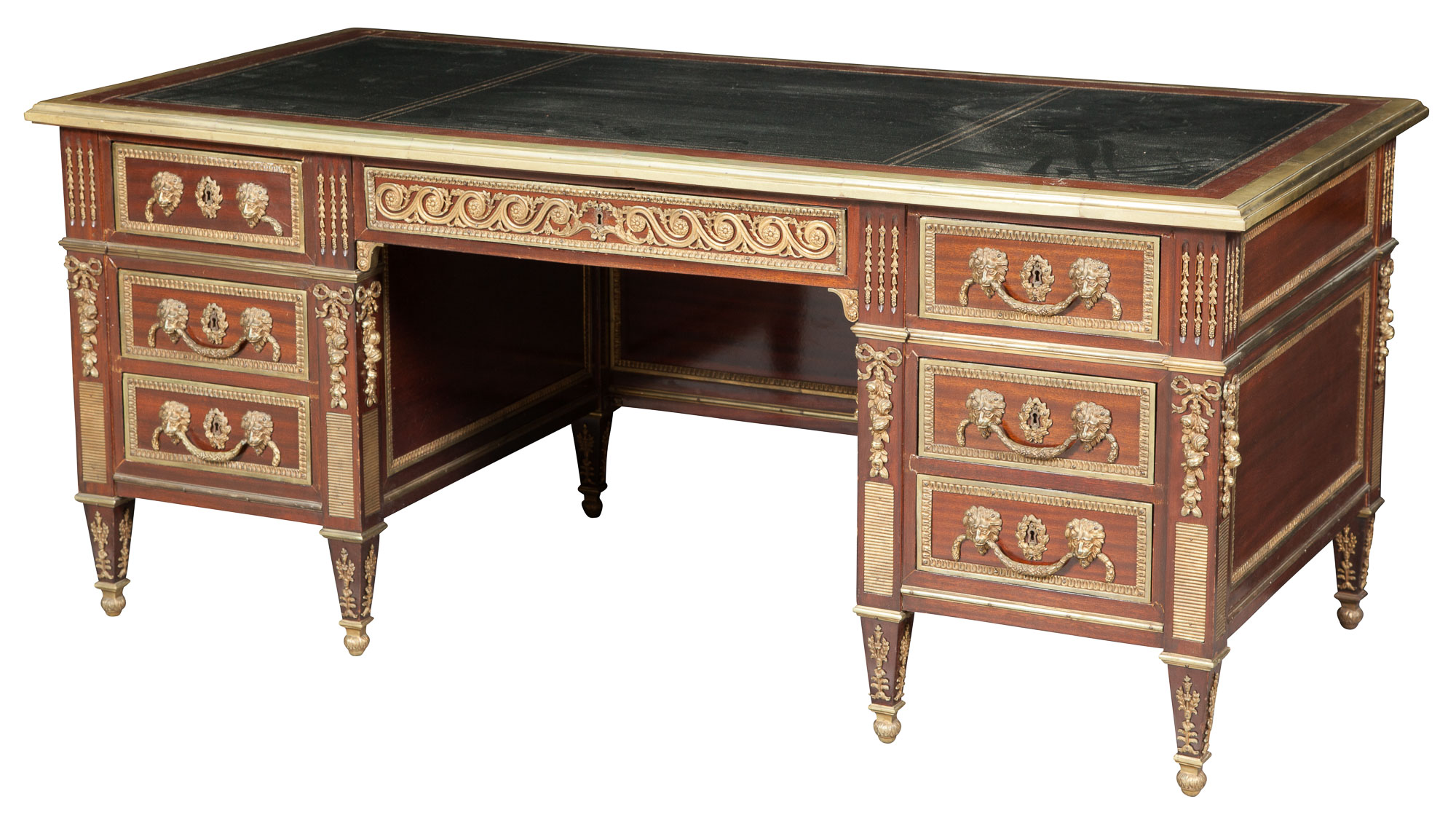 Lot image - Louis XVI Style Gilt-Metal Mounted Mahogany Pedestal Desk