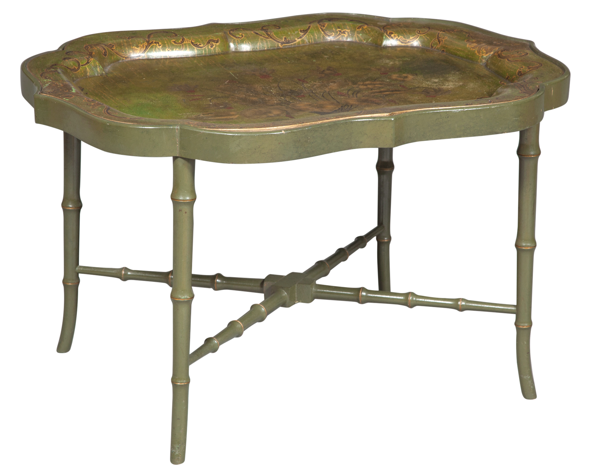 Lot image - Victorian Green-Painted and Parcel-Gilt Papier-Mâché Tray on Later Stand
