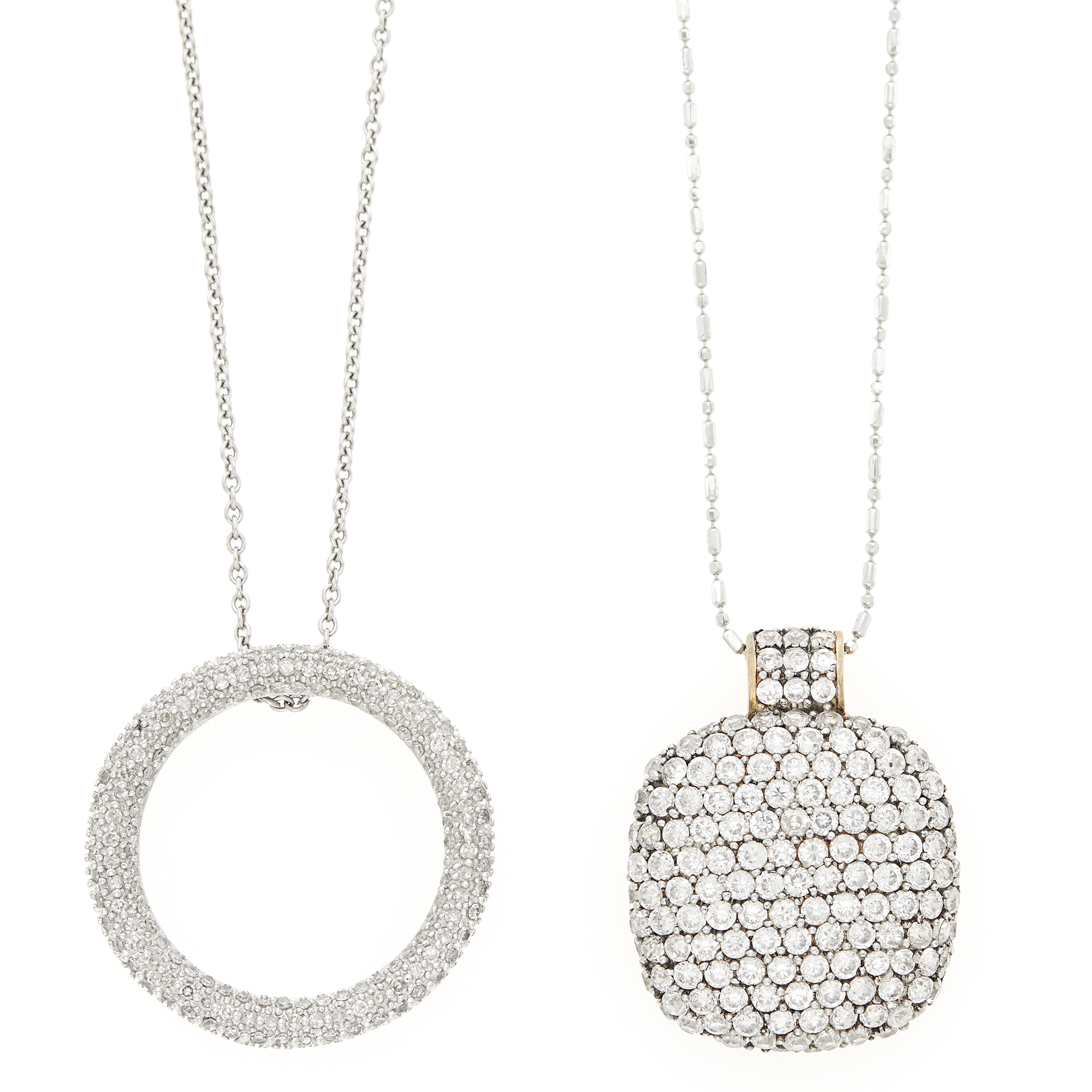 Lot image - White Gold and Diamond Pendant with Chain Necklace and Silver and Simulated Diamond Pendant with White Gold Chain Necklace