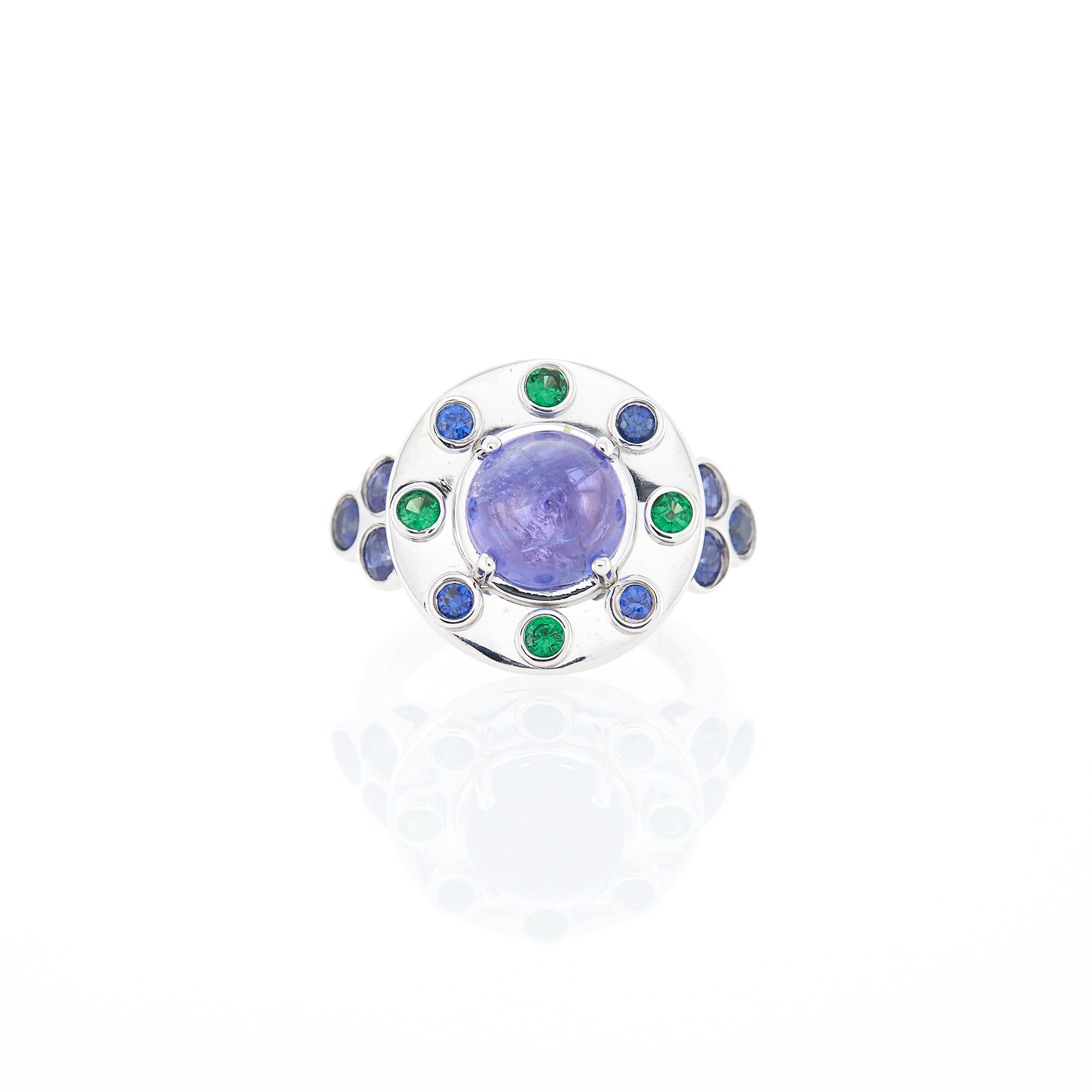 Lot image - White Gold, Cabochon Tanzanite, Tsavorite Garnet and Sapphire Ring