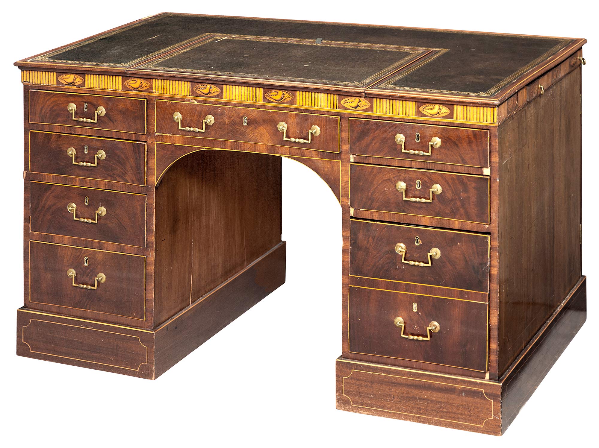 Lot image - George III Inlaid Mahogany and Satinwood Pedestal Desk