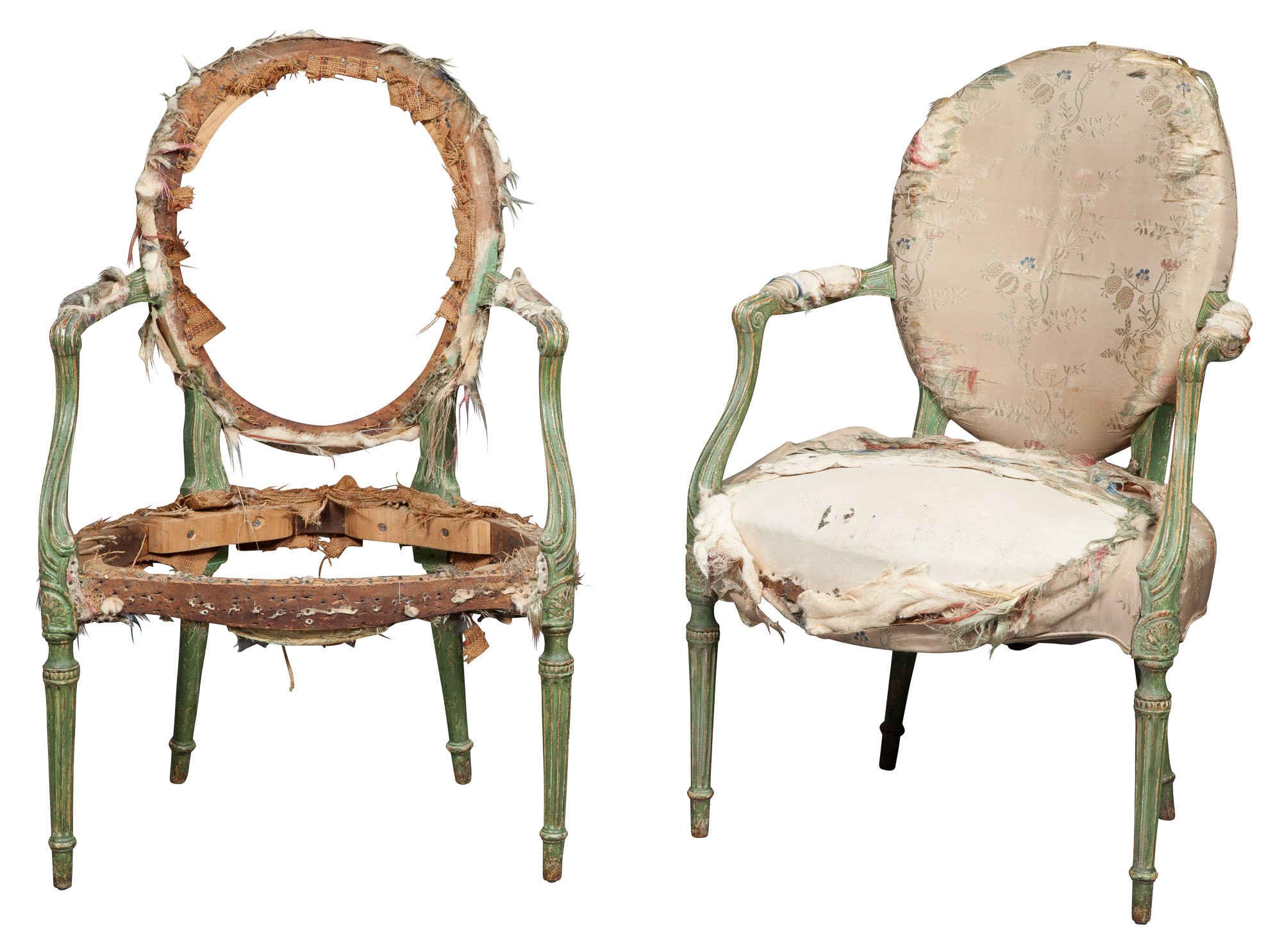 Lot image - Pair of George III Green-Painted Upholstered Open Armchairs