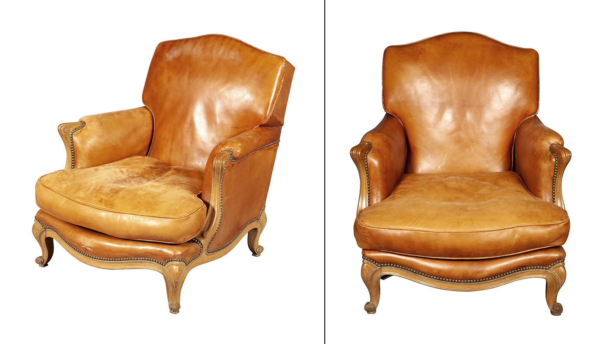 Lot image - Pair of Louis XV Style Leather Upholstered Bergeres