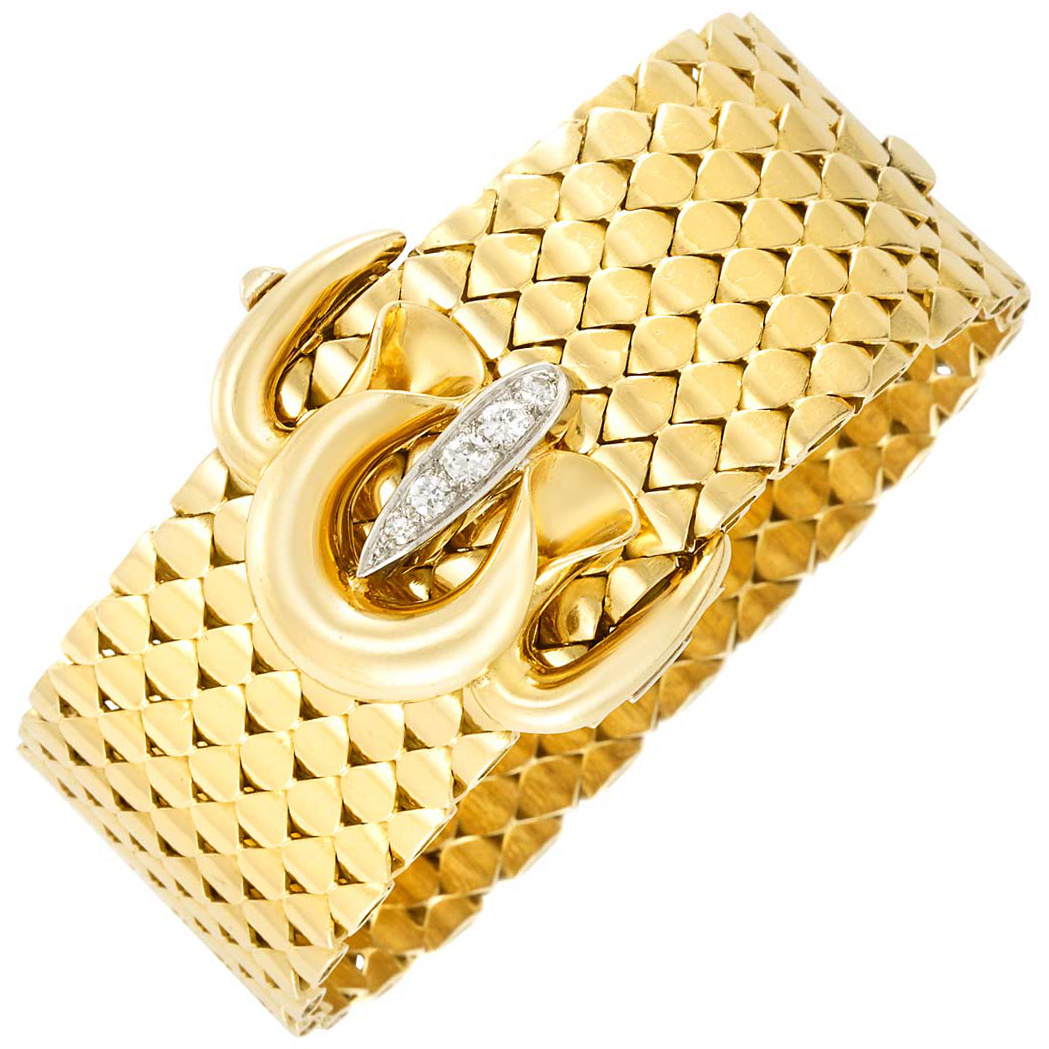 Lot image - Retro Gold and Diamond Buckle Slide Bracelet, France