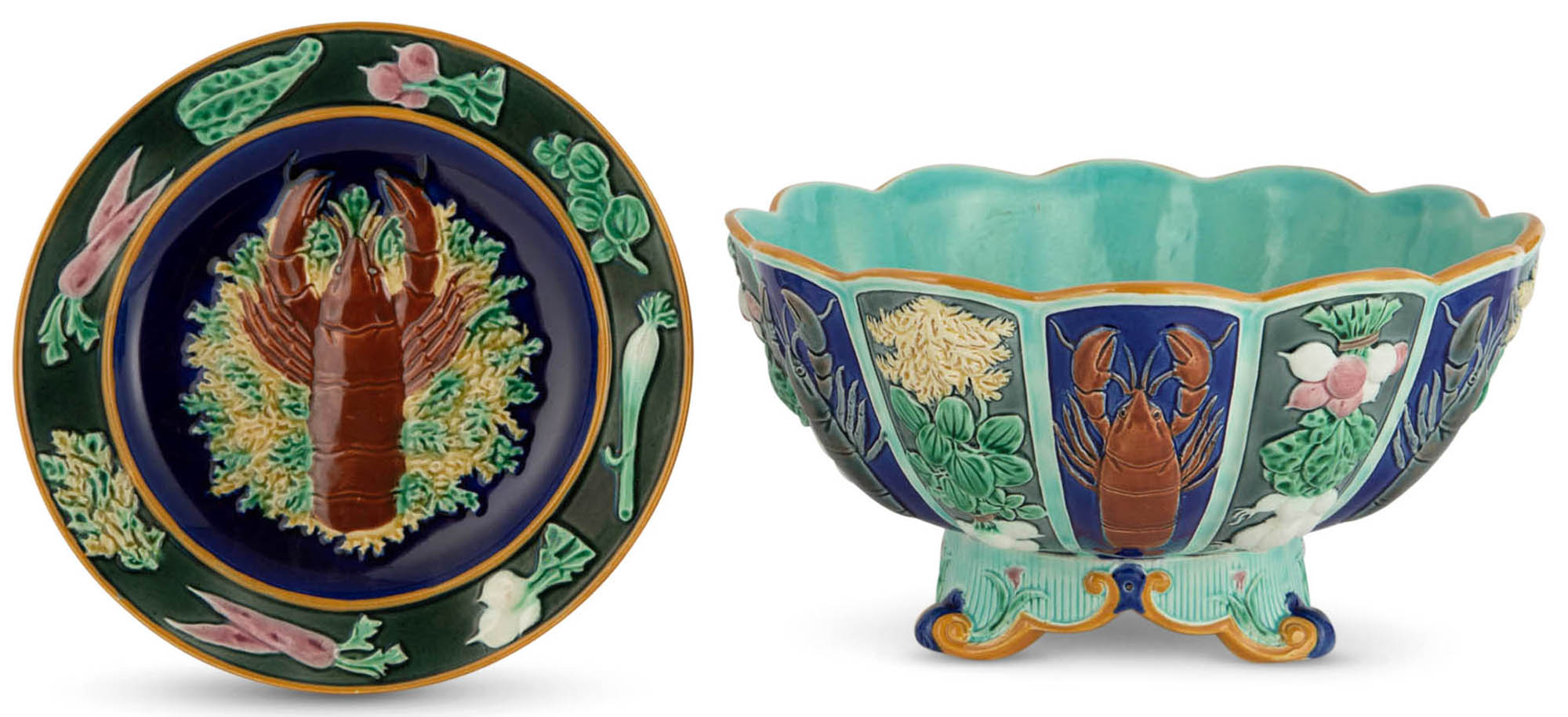 Lot image - Josiah Wedgwood & Sons Majolica Cobalt-Blue Ground Crustacea Lobster Plate