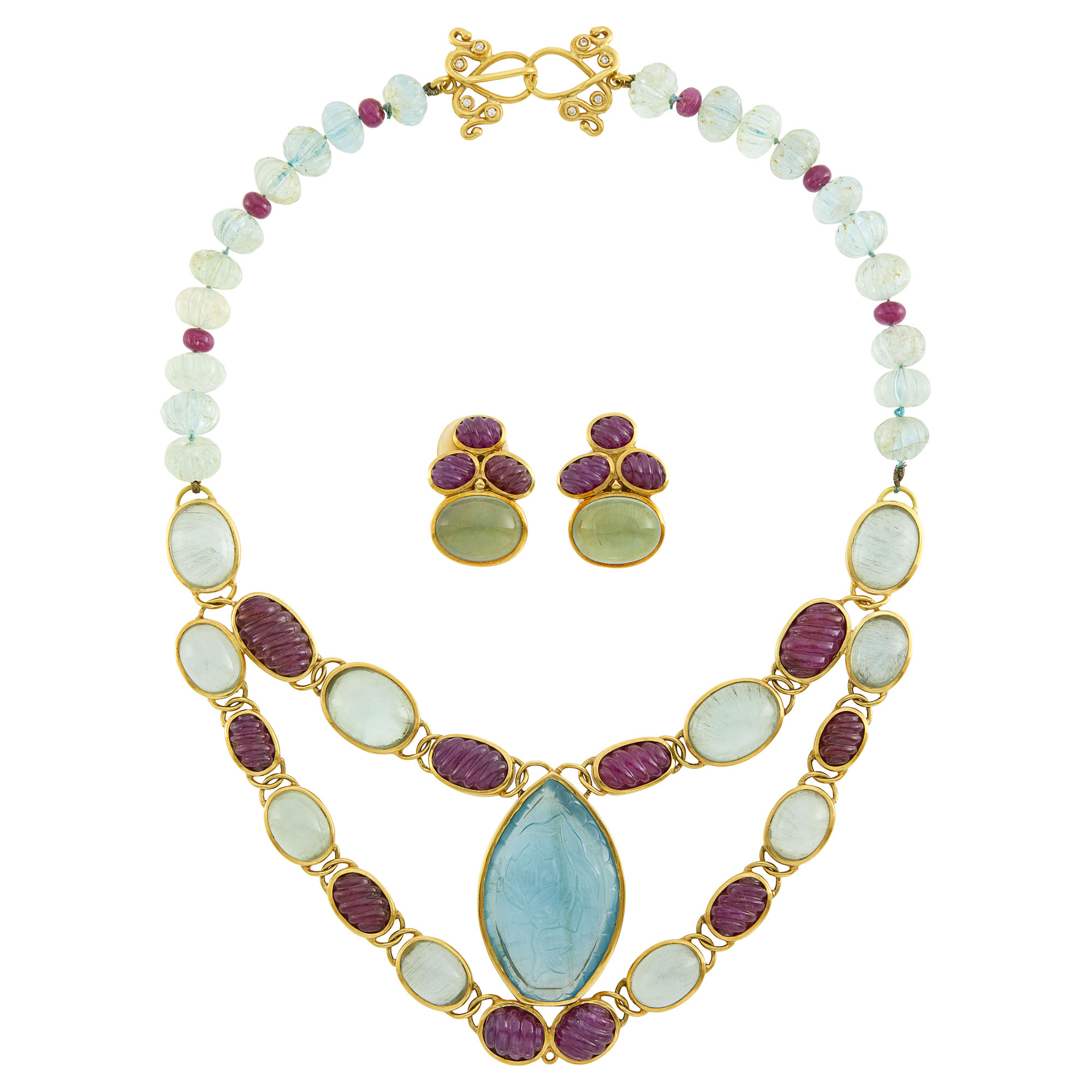 Lot image - Gold, Cabochon, Carved and Aquamarine Bead, Carved and Ruby Bead and Diamond Necklace and Pair of Earclips