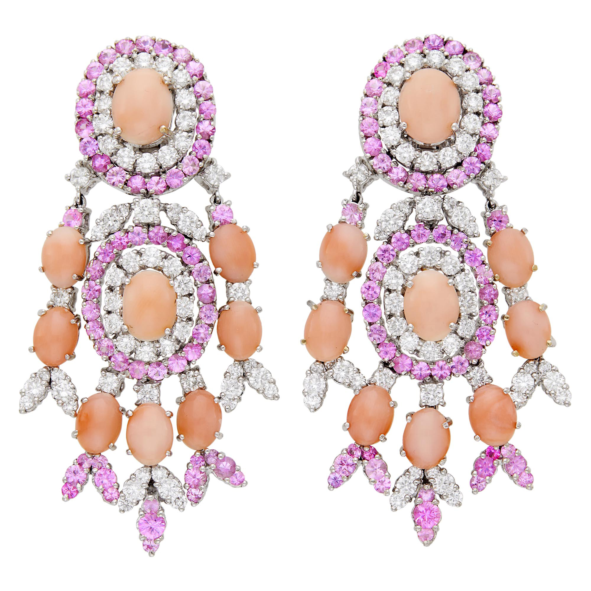 Lot image - Pair of White Gold, Angel Skin Coral, Diamond and Pink Sapphire Pendant-Earclips