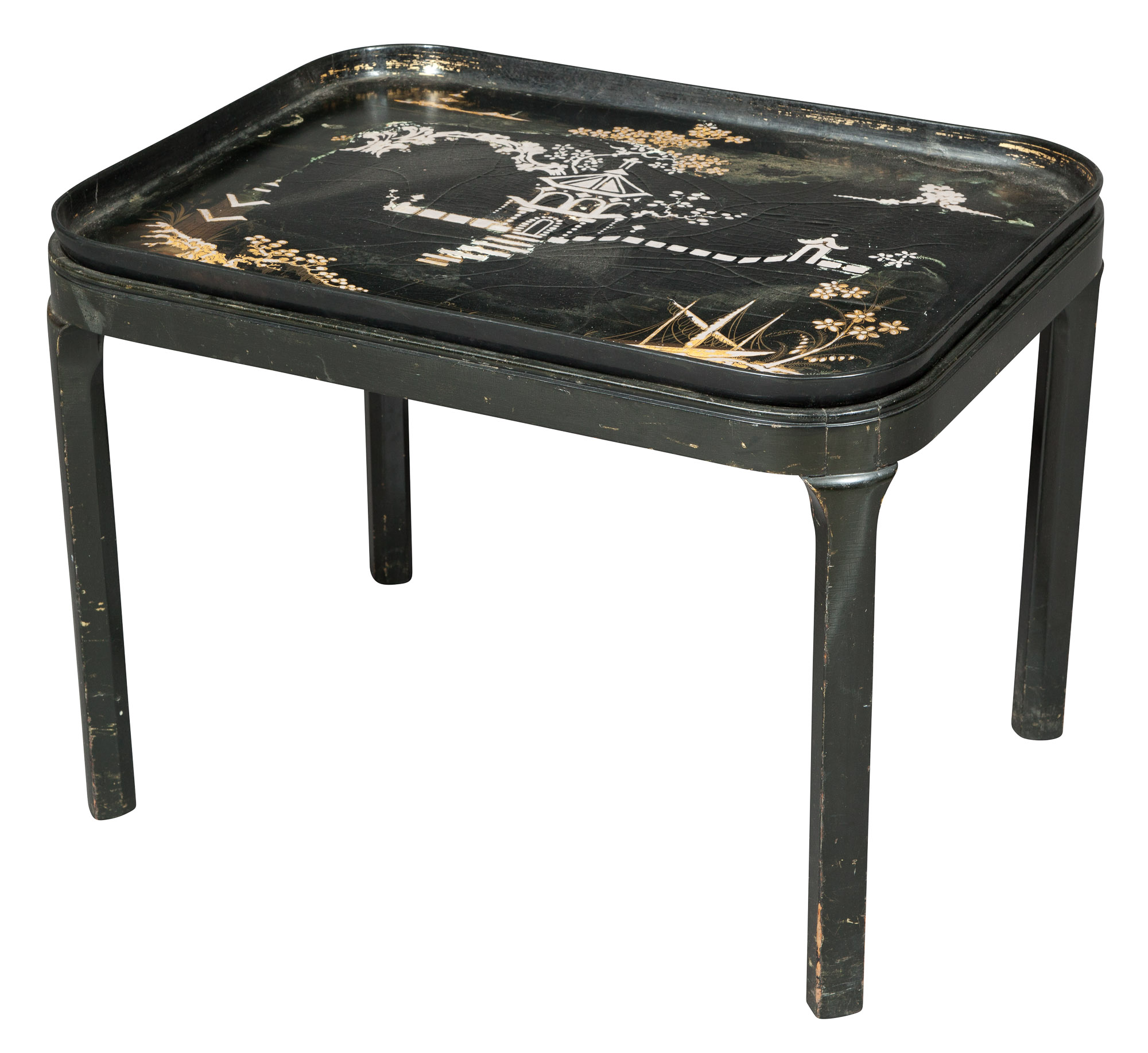 Lot image - Black and Parcel-Gilt Papier-Mâché Tray on Later Stand