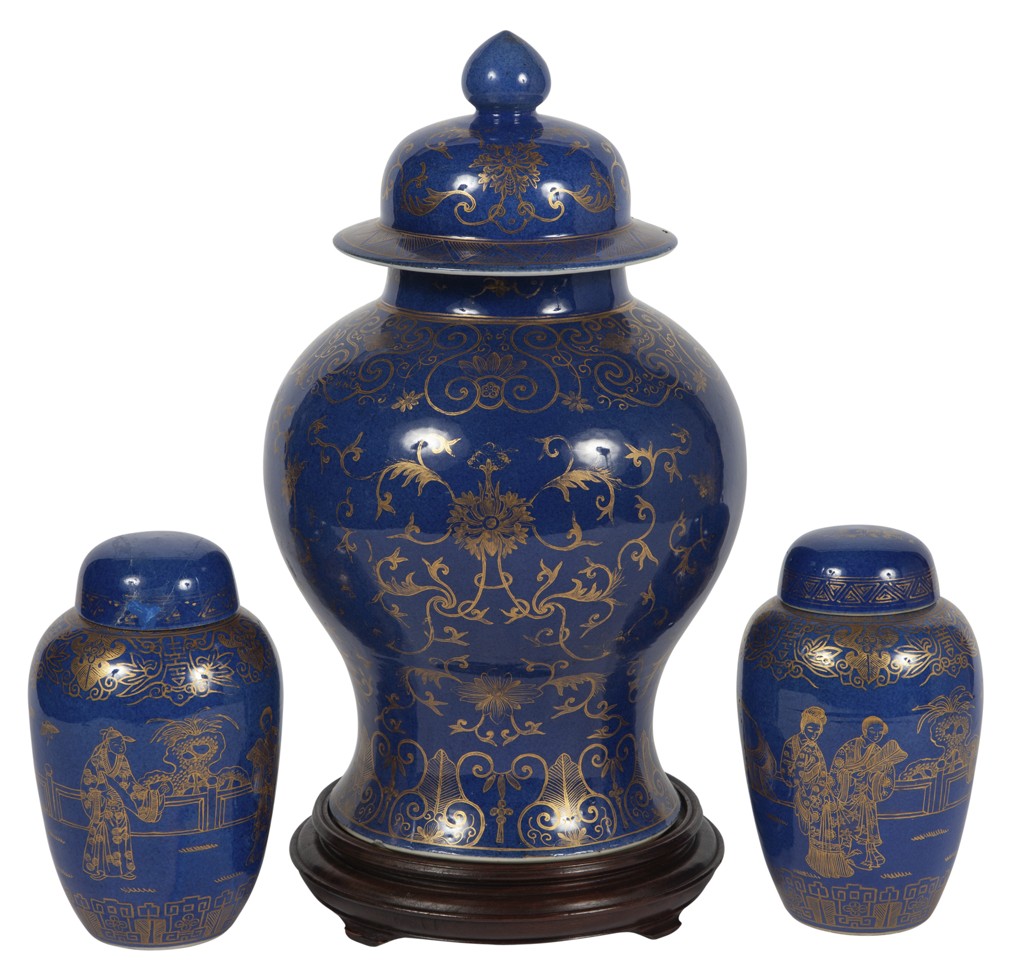 Lot image - Chinese Gilt Decorated Blue Ground Porcelain Covered Vase