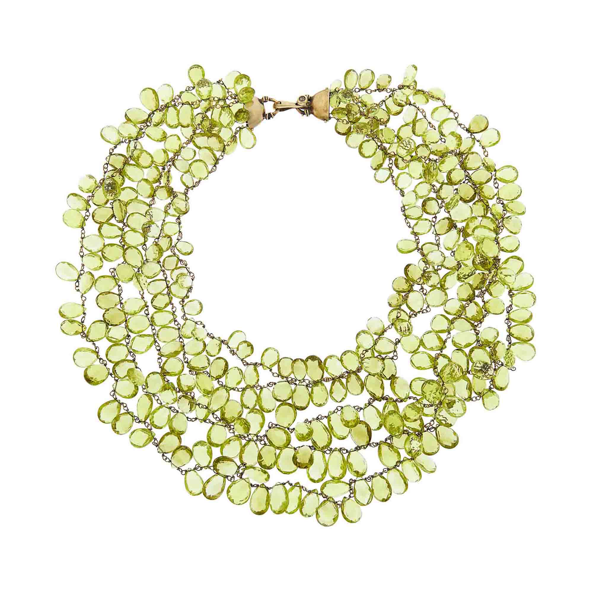 Lot image - Angela Pintaldi Multistrand Lemon Quartz Briolette Fringe Necklace with Gold and Brown Diamond Clasp