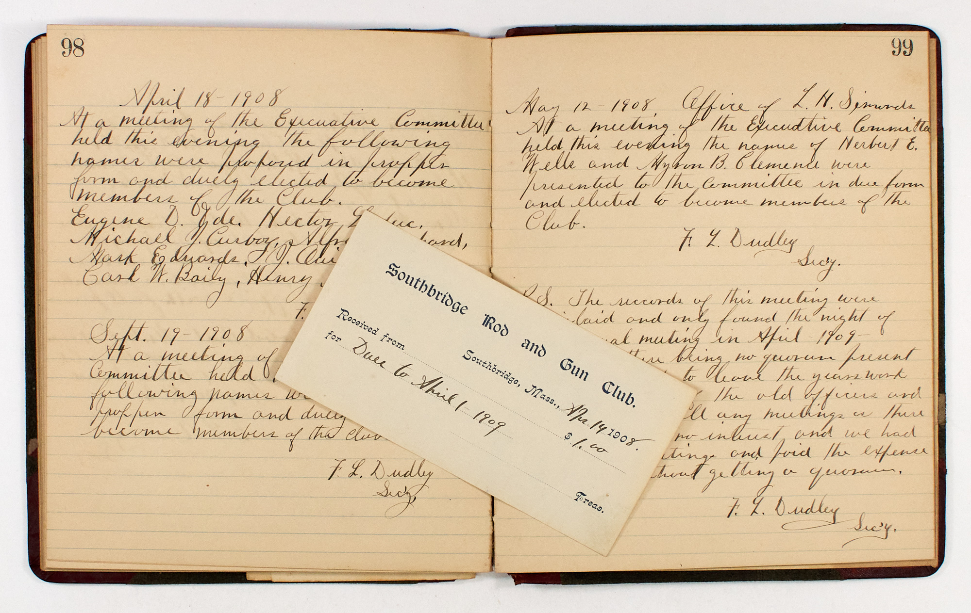 Lot image - [SPORTING CLUB]  Manuscript record, apparently unique, of the proceedings of the Southbridge Rod and Gun Club of Massachusetts, June 21, 1900-April 14, 1908.