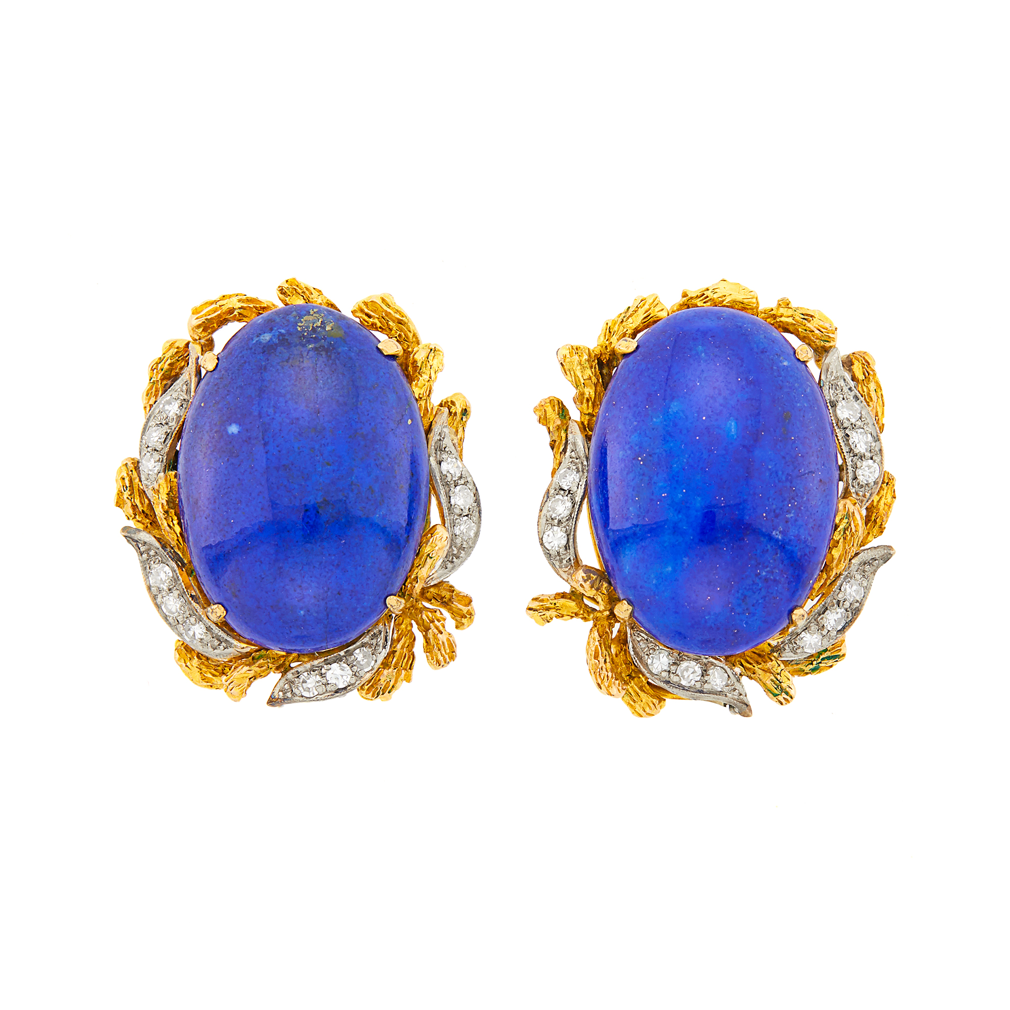 Lot image - Pair of Two-Color Gold, Lapis and Diamond Earrings