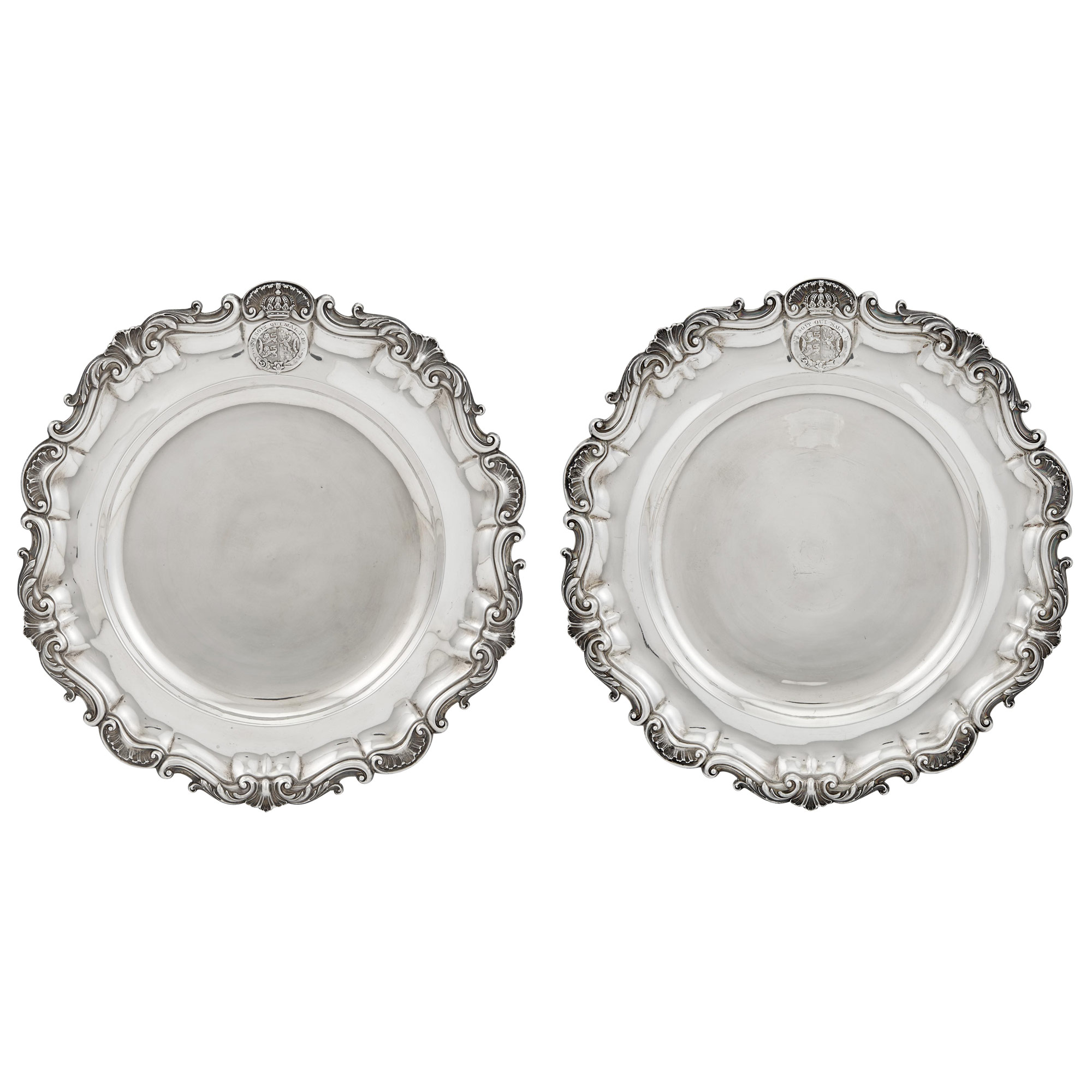 Lot image - Pair of Victorian Sterling Silver Dinner Plates from the Duke of Brunswick Service